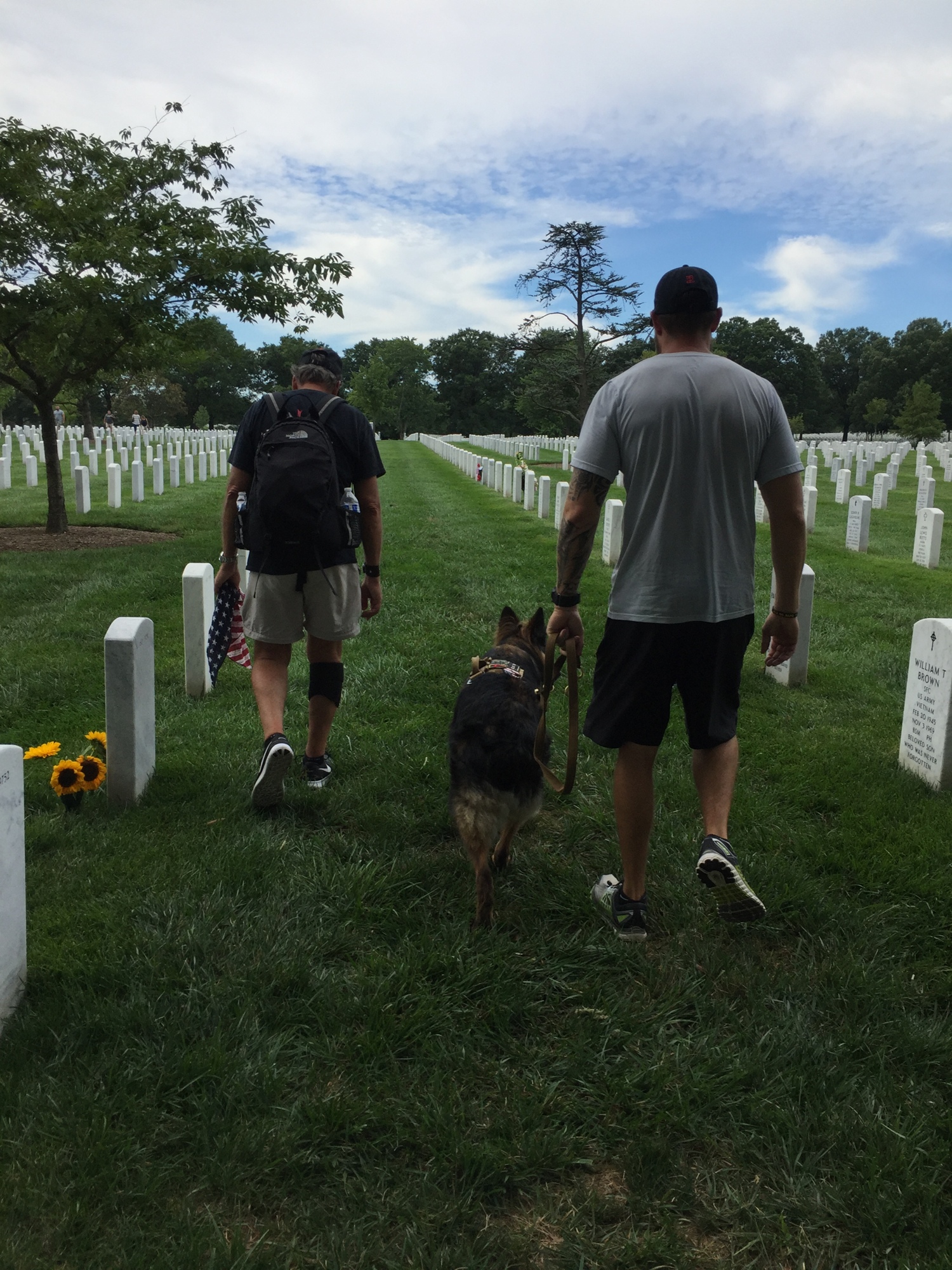 Scott Bill, Aaron Tucker and Falco walk through Arlington Cemetery. Photo courtesy of Aaron Tucker