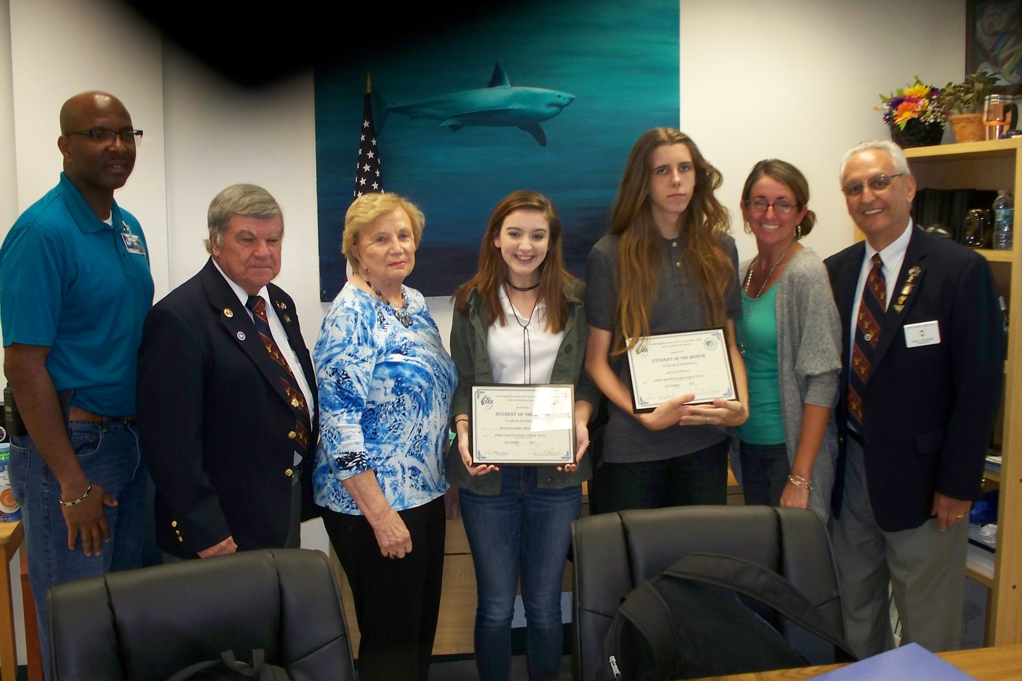 Principal Stephen Hinson, Exaulted Ruler Dan Theodore, Scholarship Committee Member Louise Lauthain, Montgomery Pendleton, Justin Findley, Assistant Principal Dawn Alves, Scholarship Chairman Paul Leonard. Photo: Elks Lodge