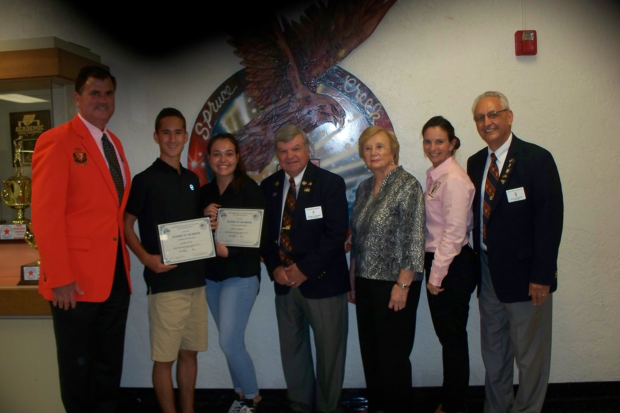 Principal Todd Sparger, Taylor Gayton, Cristina Alberti, Exaulted Ruler Dan Theodore, Scholarship Committee Member Louise Lauthain, Guidance Counselor Karie Cappiello and Scholarship Chairman Paul Leonard. Photo: Elks Lodge