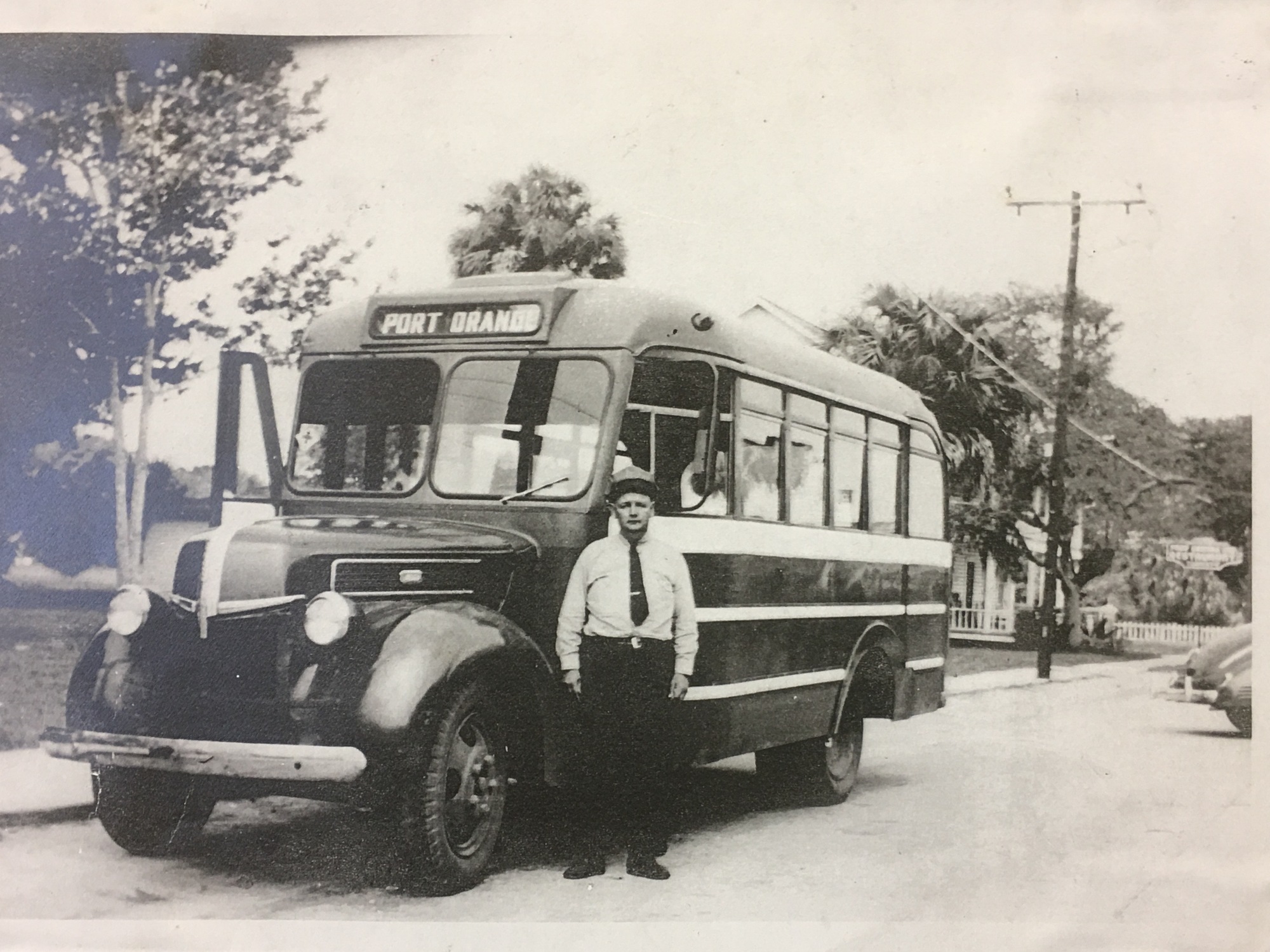 Port Orange bus and the driver, Charlie Shipes, in the 1940s. Photo courtesy of the Port Orange Historical Trust