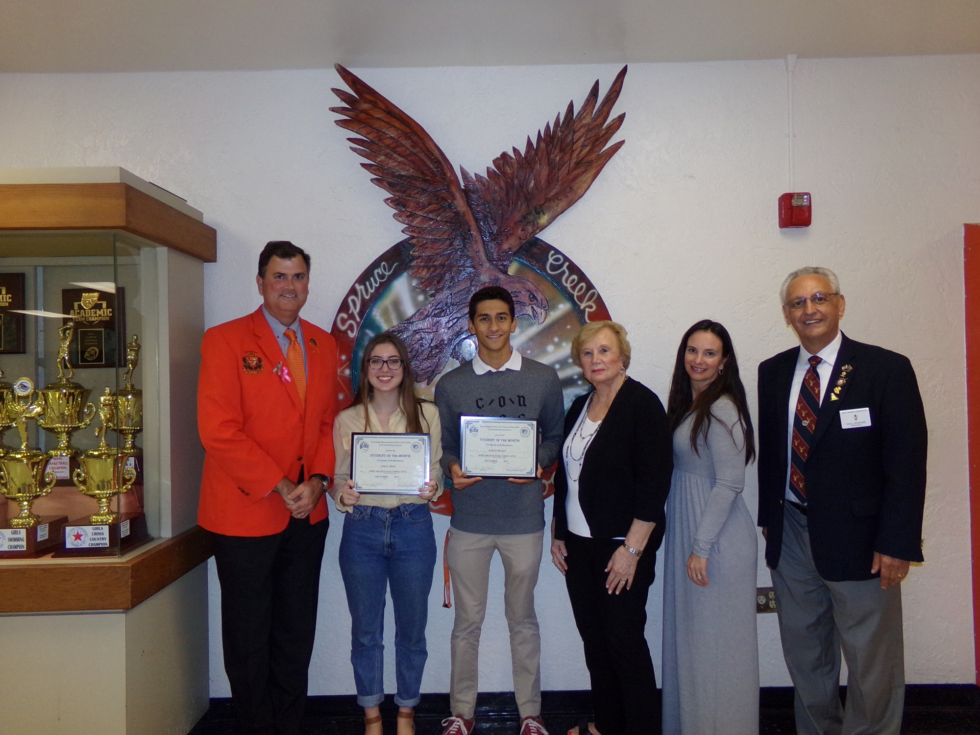 Principal Todd Sparger, Emily Amo, Karan Prasad, Lodge Scholarship Committee Member Louise Lauthain, Guidance Counselor Karie Cappiello and Lodge Scholarship Chairman Paul Leonard. Photo courtesy of the Elks Lodge