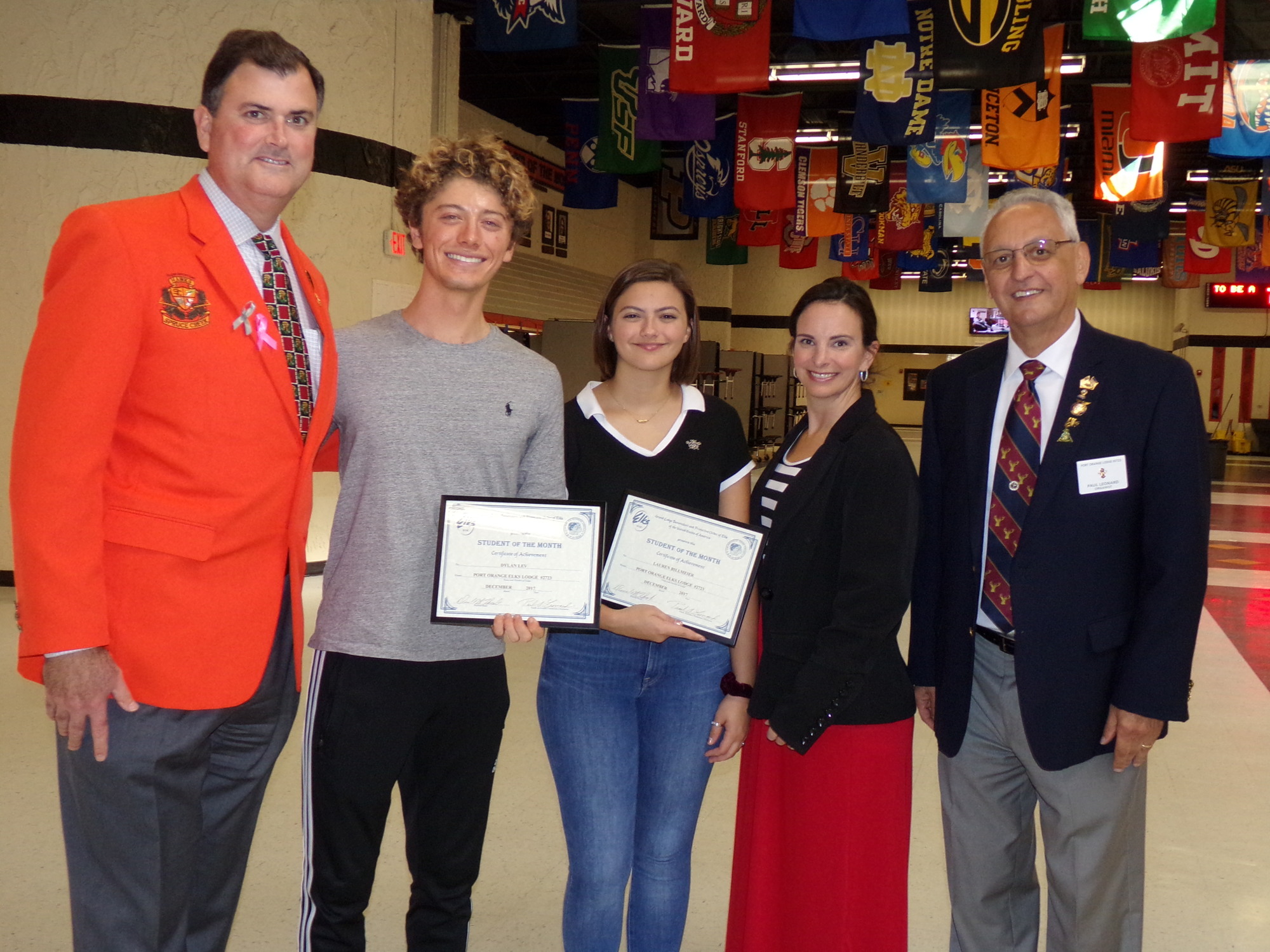  Spruce Creek High School Principal Todd Sparger, Dylan Lev, Lauren Billmeier, Guidance Counselor, Karie Cappiello and Chairman Paul Leonard. Photo courtesy of the Elks Lodge