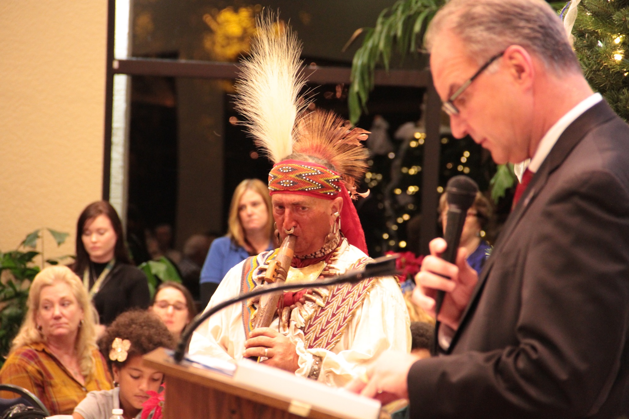 Jim Sawgrass, of Deep Forest Historical Native American Programs, and Halifax Health President and CEO Jeff Feasel. Photo by Nichole Osinski