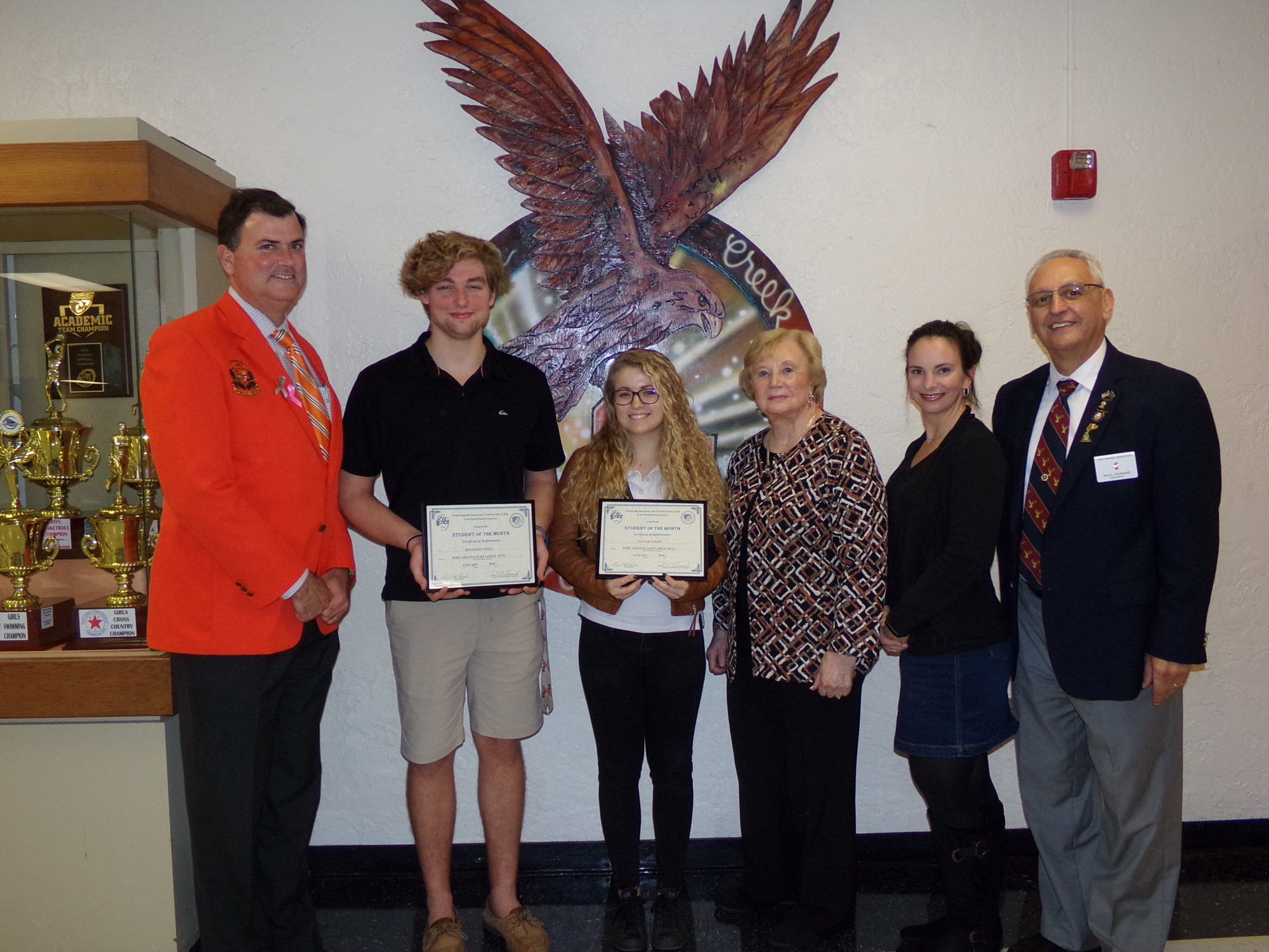 Principal Todd Sparger, Benjamin Steel, Taylor Young, Louise Lauthain, Guidance Counselor Carrie Cappiello and Paul Leonard. Photo courtesy of  the Port Orange Elks Lodge