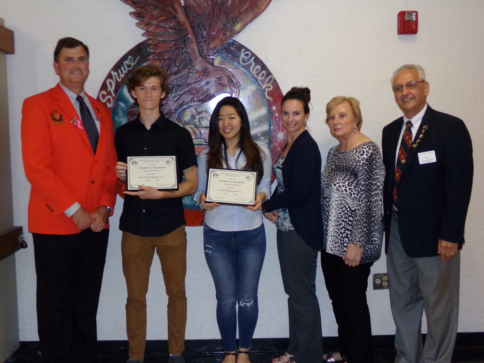 Principal Todd Sparger, Tate Grant, Erin Kim, Guidance Counselor Karie Cappiello, Louise Lauthain and Paul Leonard. Photo courtesy of the Elks Lodge