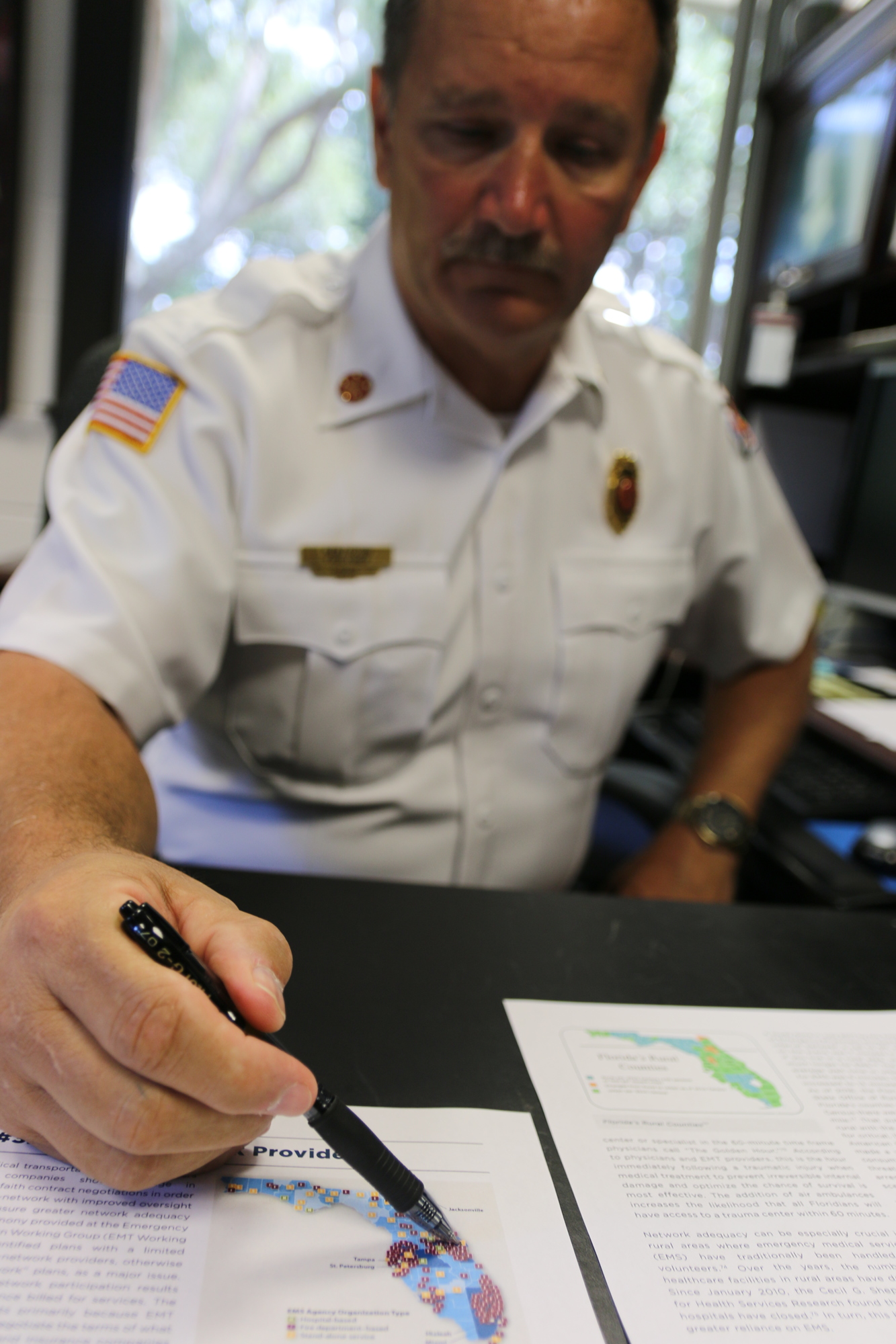 Port Orange Fire Chief Ken Fustin points to the only non-fire-based EMS system in Florida: Volusia County. Photo by Jarleene Almenas