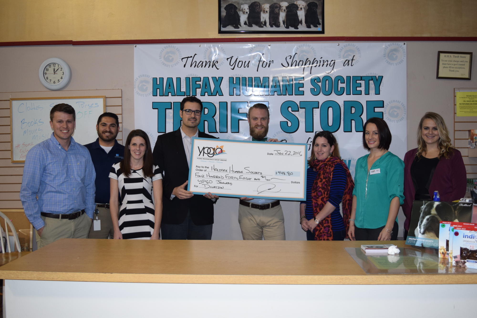 YPGO donated $448.80 to Halifax Humane Society. Proceeds came from an event on Jan. 7 at Las Bistro. Left to right: Josh McPherson, Andy Barboza, Christina Cassidy, Michael Ugarte., Andrew Gall, Meg Evans, Jenelle Codianne and Alex Middleton.
