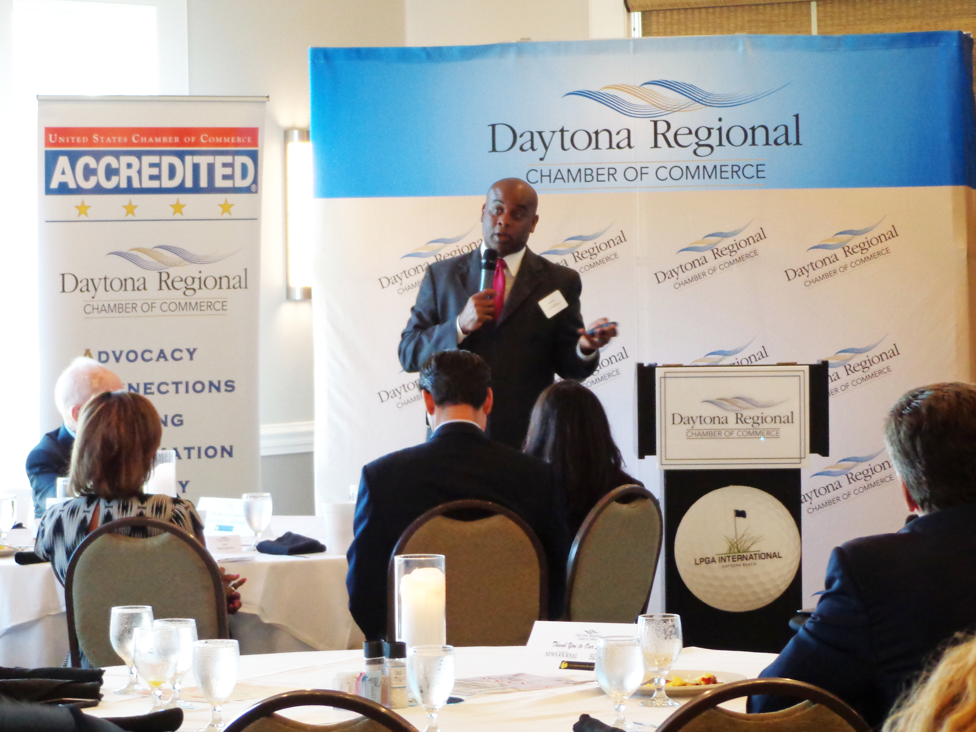 Daytona Beach Mayor Derrick Henry presented an update on the First Step Shelter during the Eggs and Issues program by the Daytona Regional Chamber of Commerce on Thursday, Oct. 10. Photo courtesy of Kim Hover