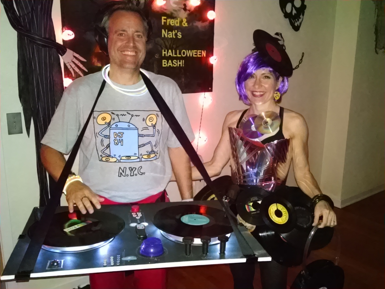 Greg and Gail Warner as DJ Dingo Luv and Vintage Vinyl at her friend Fred Sergeant's Halloween party. Photo courtesy of Gail Warner