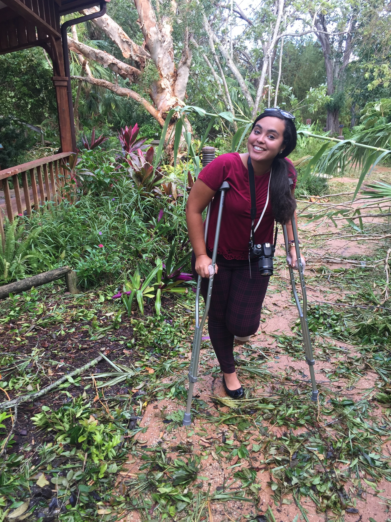 Taking photos of Hurricane Irma's impact on the Ormond Memorial Art Museum gardens on crutches, just three days after my injury.