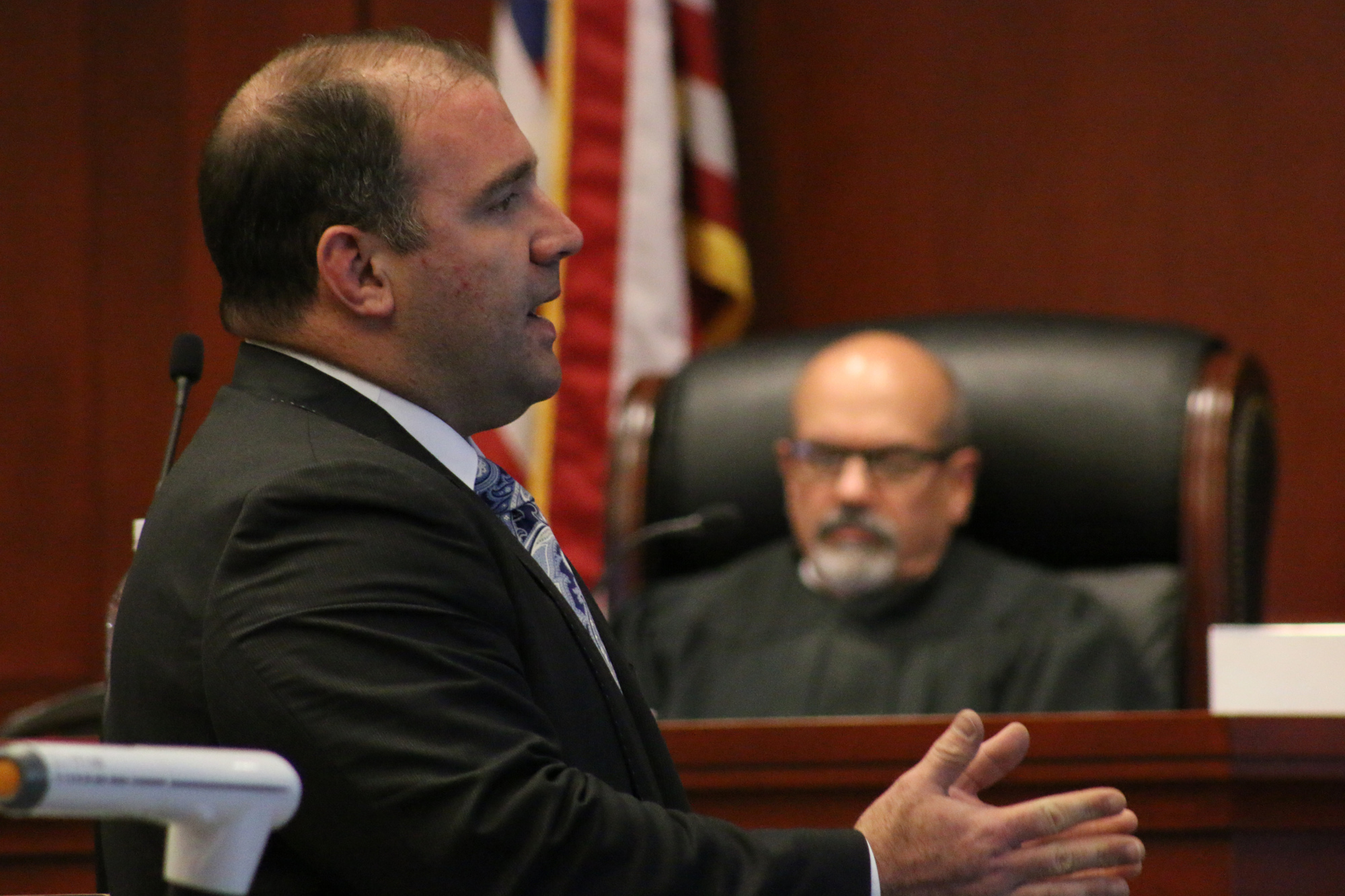 Defense Attorney Aaron Delgado speaks to the jury during closing arguments on Friday, Aug. 10. Photo by Jarleene Almenas