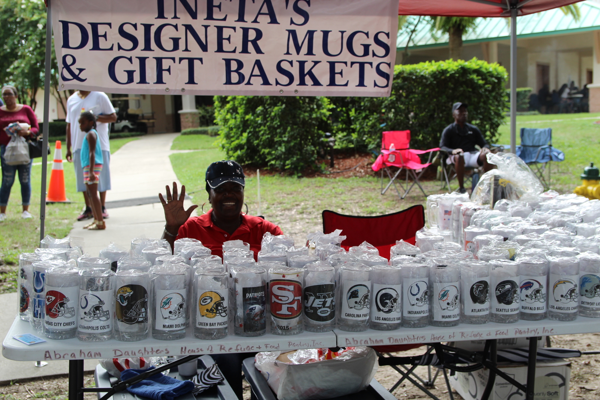 Ms. Ineta J. White sold her mugs and gift baskets while promoting the Abraham Daughters House of Rescue Food Pantry where she is 