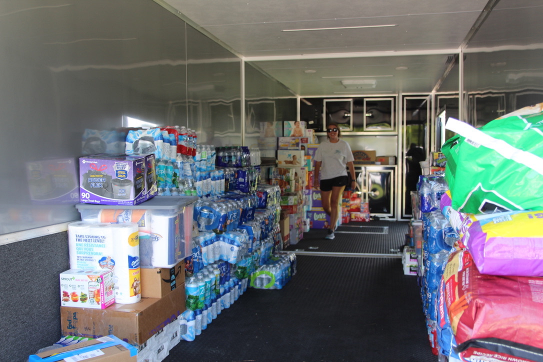 Some things piled in the trailer: diapers, water, dog food, snacks, paper supplies and food. Photo by Tanya Russo