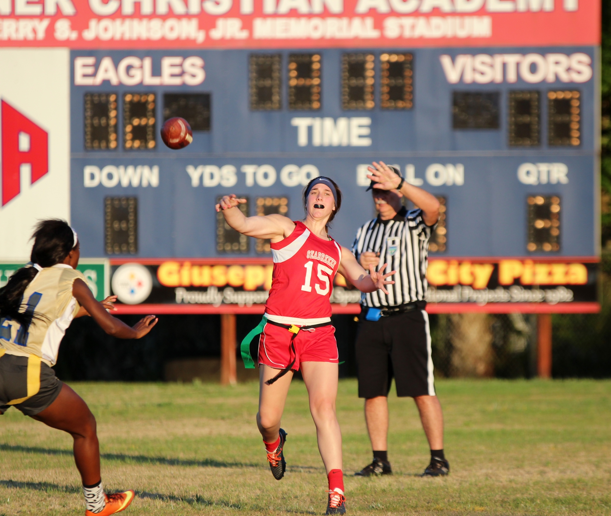 McKenzie Bowlus launches a bomb deep down field for her receiver.