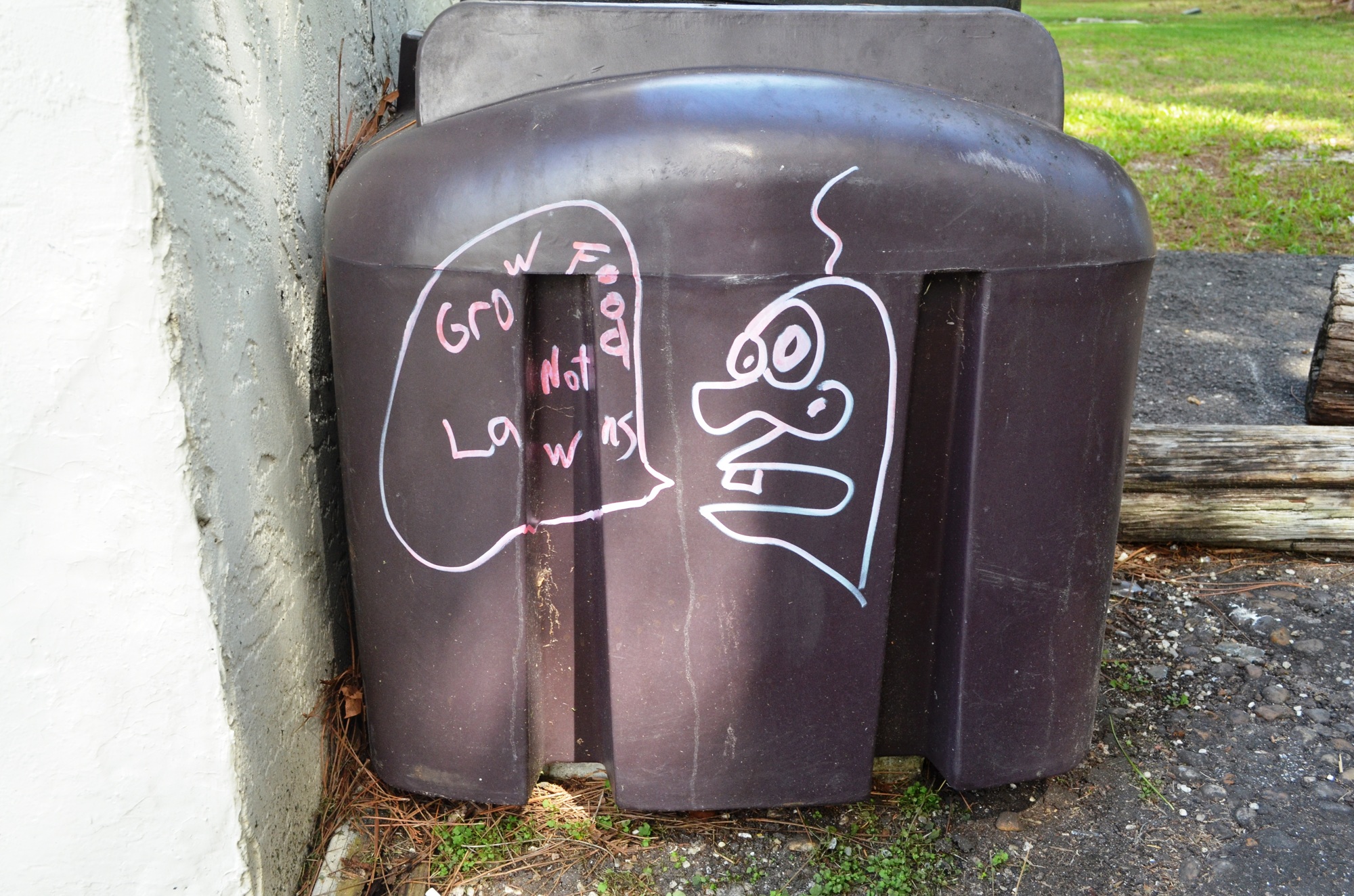 The graffiti on a storage container says “Grow food not lawns.”Photos by Wayne Grant