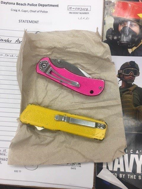 Knives and box cutter in DBPD evidence. Courtesy of DBPD Sergeant Kelsey Harris