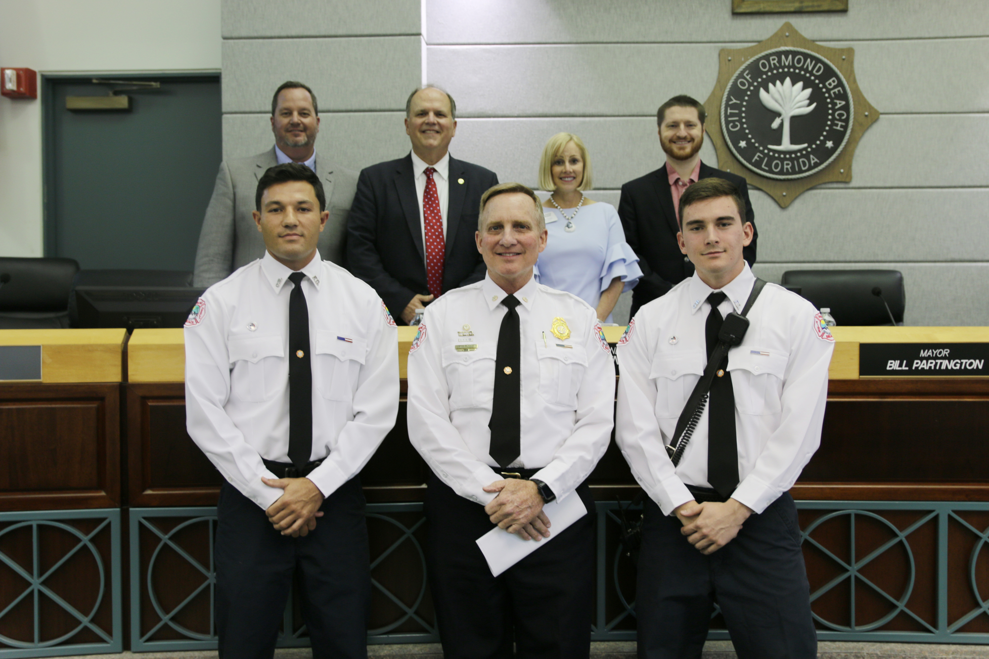 Shown are Firefighter Frank Autorino, Fire Chief Richard Sievers and Firefighter Garrett Fiske at a City Commission meeting. Courtesy photo