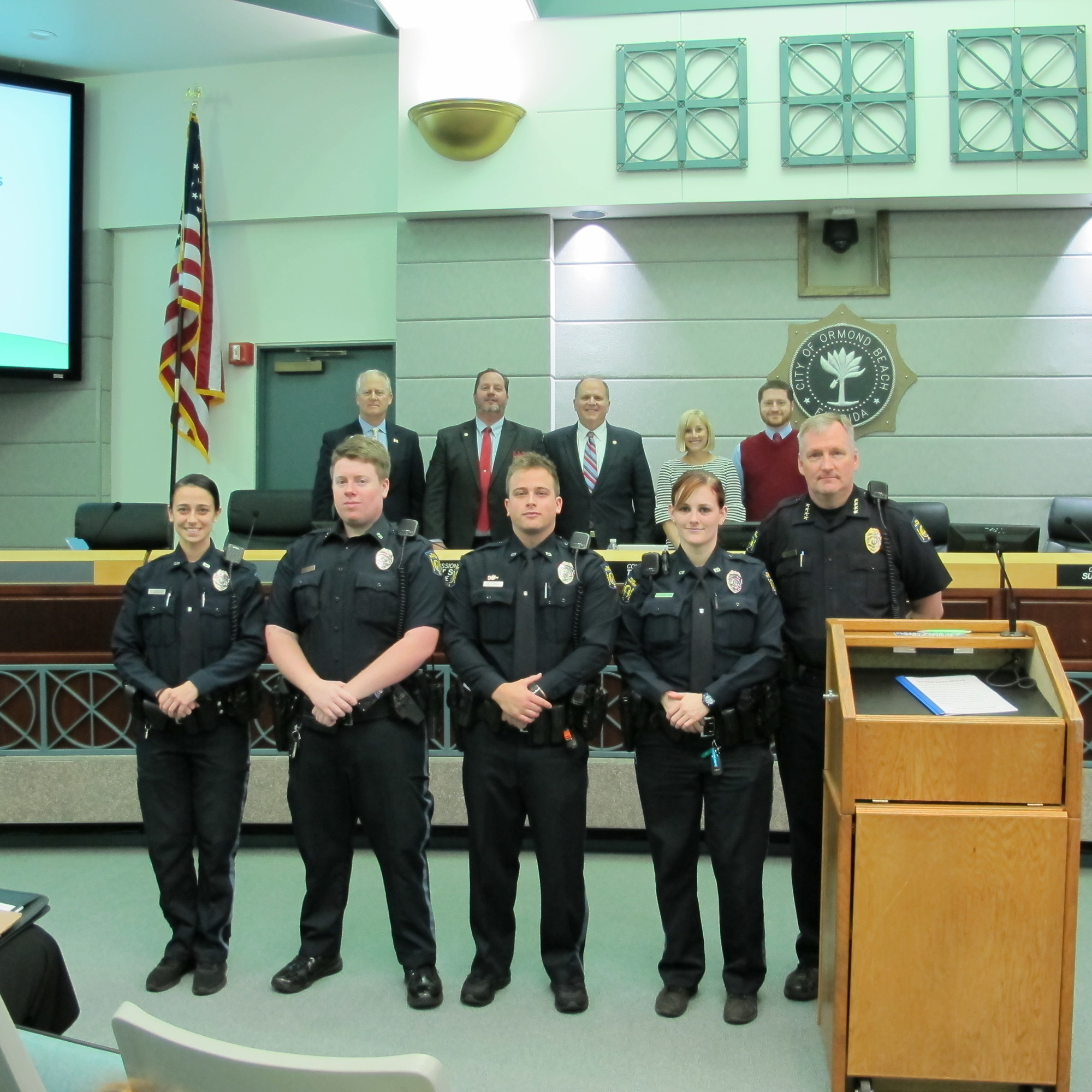 Police Chief Jesse Godfrey introduced Officer Ciara Devane, Officer Lloyd “Burt” Stanley, Officer Austin Long and Officer Sara Doroski to the City Commission. Courtesy photo