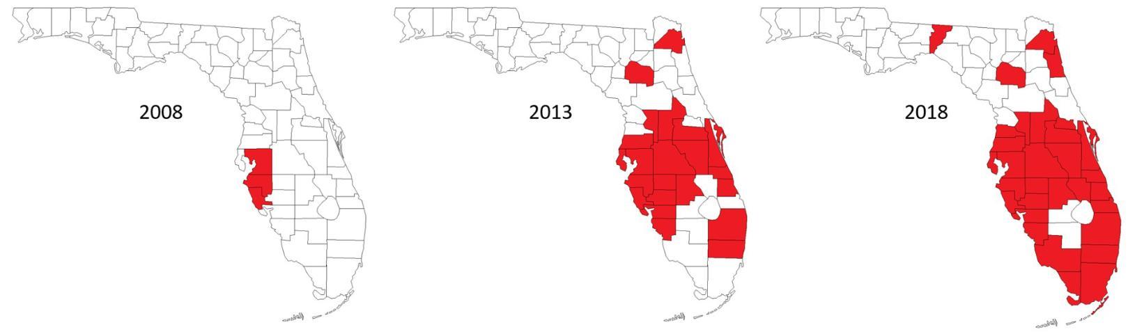 Historical and current distribution of LBD in the state of Florida, as shown by the University of Florida. Courtesy of Brian Bahder, UF/IFAS