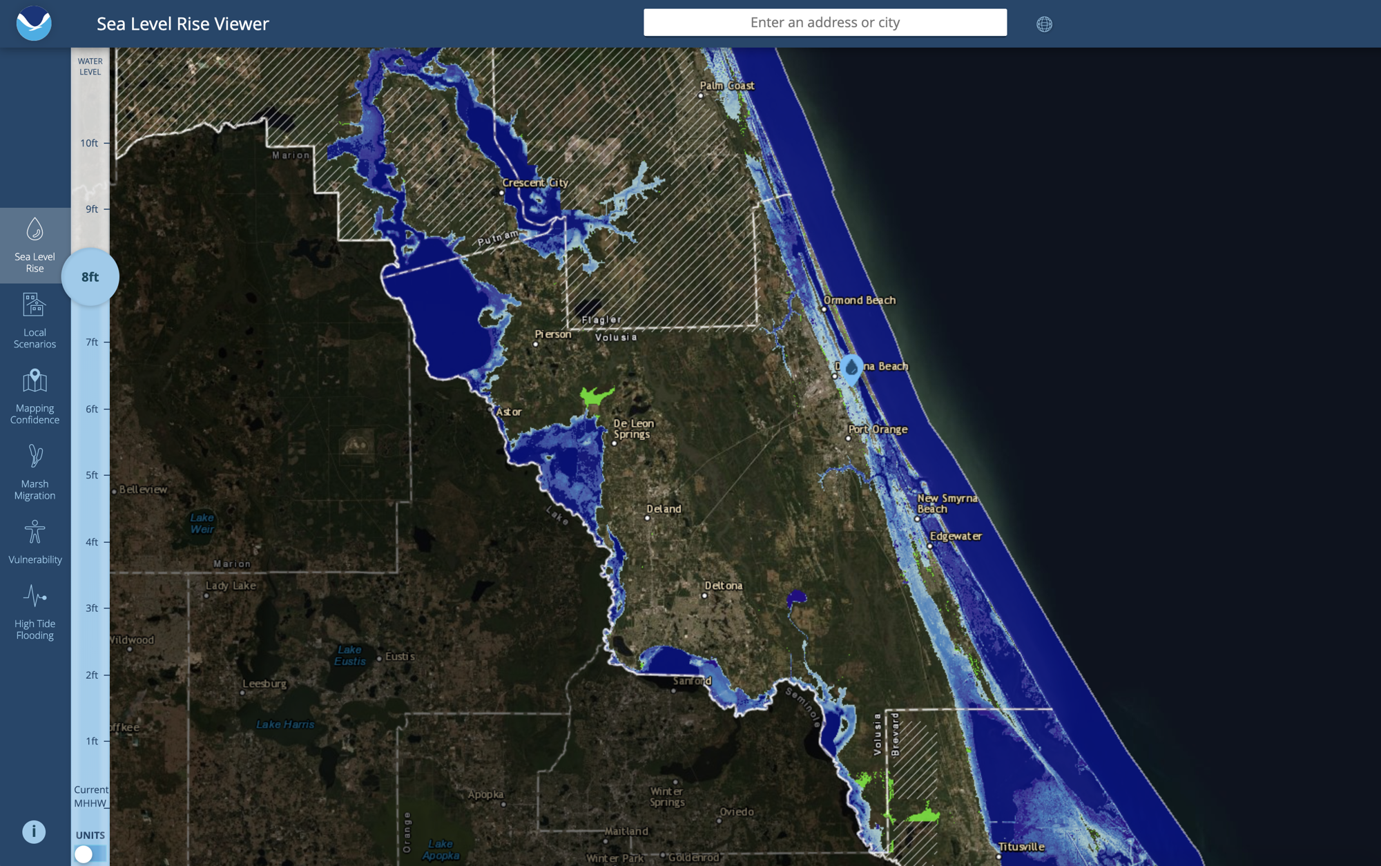 Sea level rise projections of up to eight feet in 2100 could mean sections of Volusia's coastal cities will be inundated. Courtesy of NOAA
