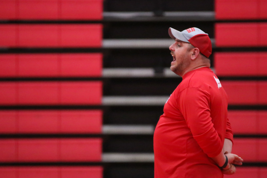 Seabreeze wrestling coach Mike Fries shouts instructions to his team during a regular season match. The Sandcrabs qualified nine grapplers for the regional tournament. File photo