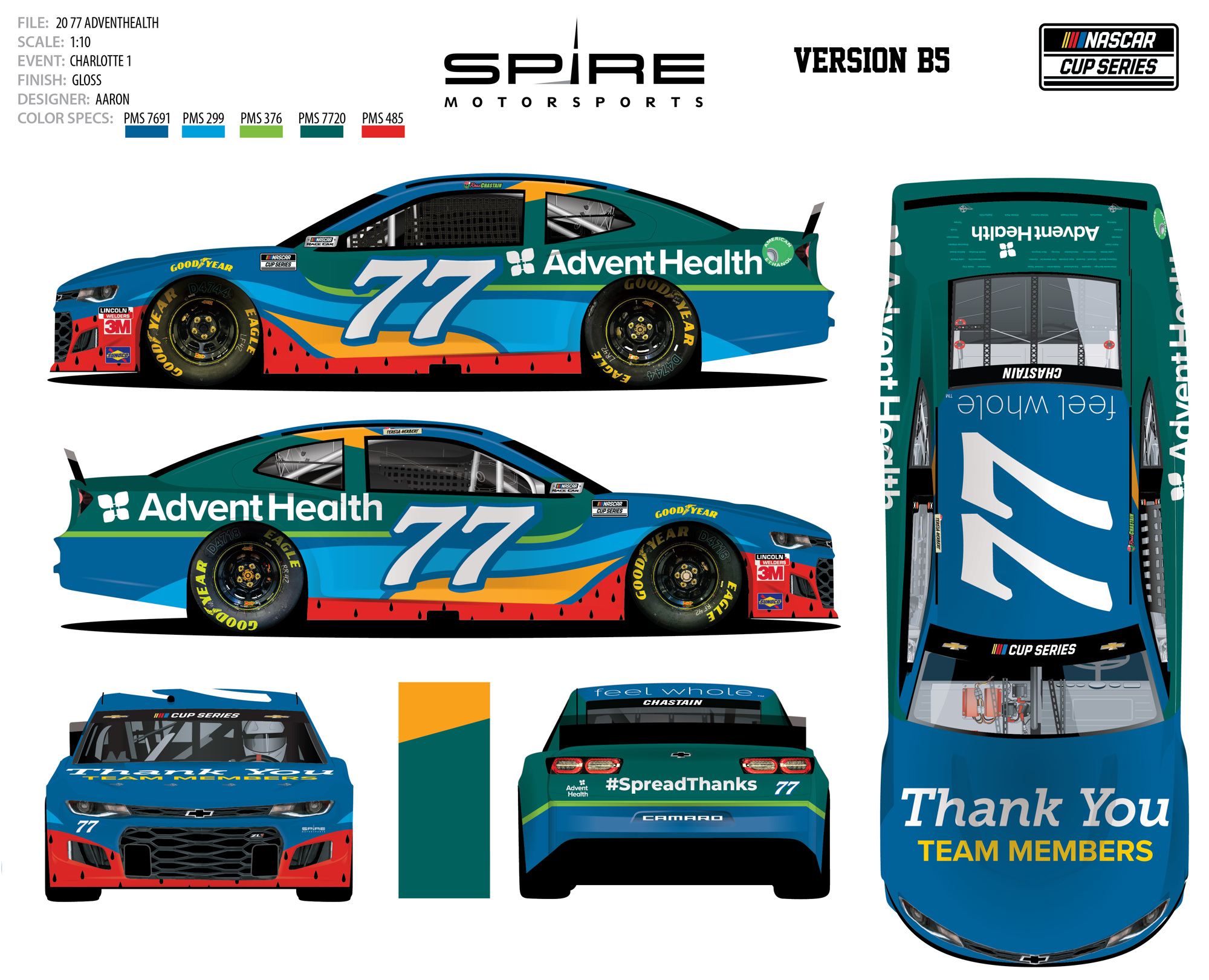 The hood of Ross Chasain's No. 77 AdventHealth Chevy featured a thank you message and its trunk carried the name of all the AdventHealth facilities. Courtesy of AdventHealth Daytona Beach
