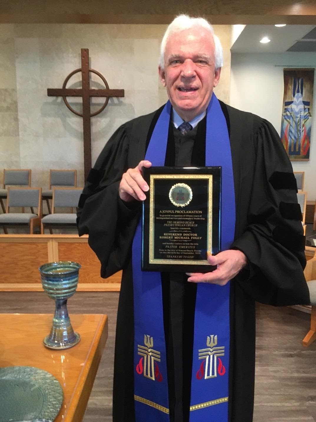 Rev. Dr. R. Michael Foley was bestowed the honorary title of Pastor Emeritus by the congregation during a special presentation on Sept. 13. Courtesy photo