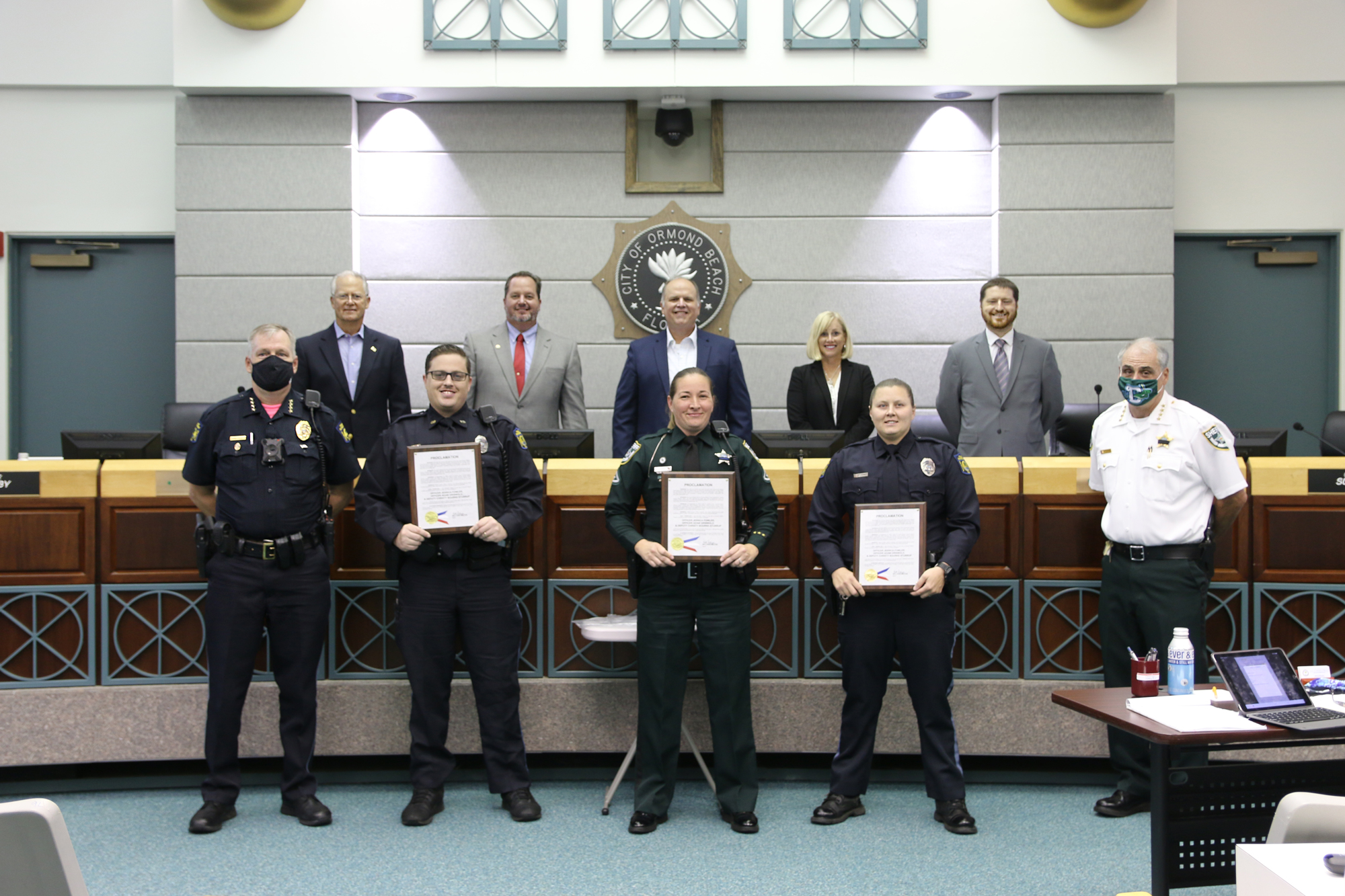 The City Commissioners, OBPD Chief Jesse Godfrey, Officer Jessica Fowler, OBPD Officer Adam Griswold, VCSO Deputy Christy Bourke-Sturrup and Sheriff Mike Chitwood. Courtesy photo