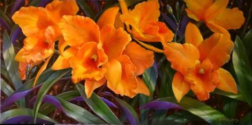 An oil painting of orange flowers by Kathleen Lusby.