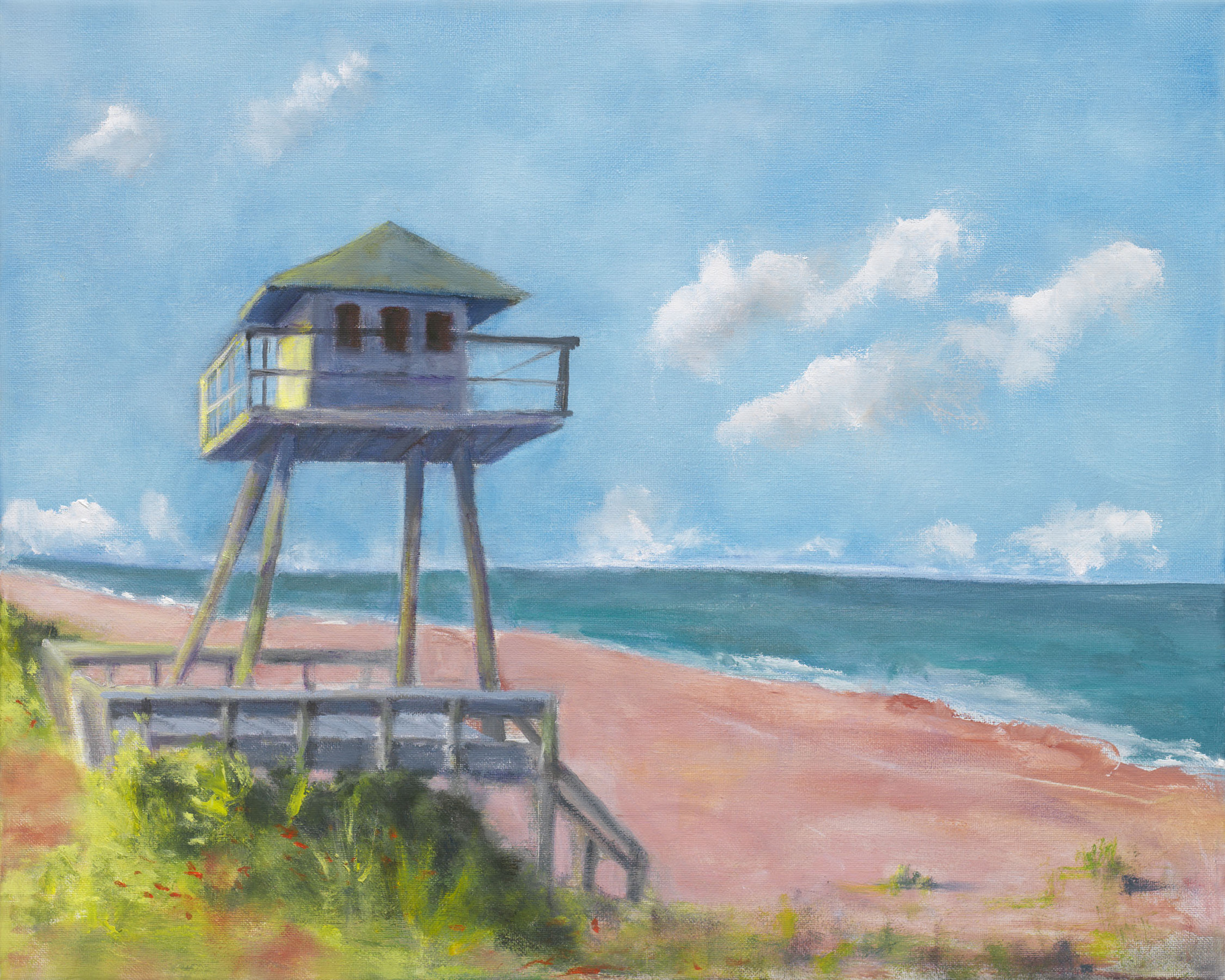 A painting of the WWII Watchtower in Ormond-by-the-sea by Barbara Saunders