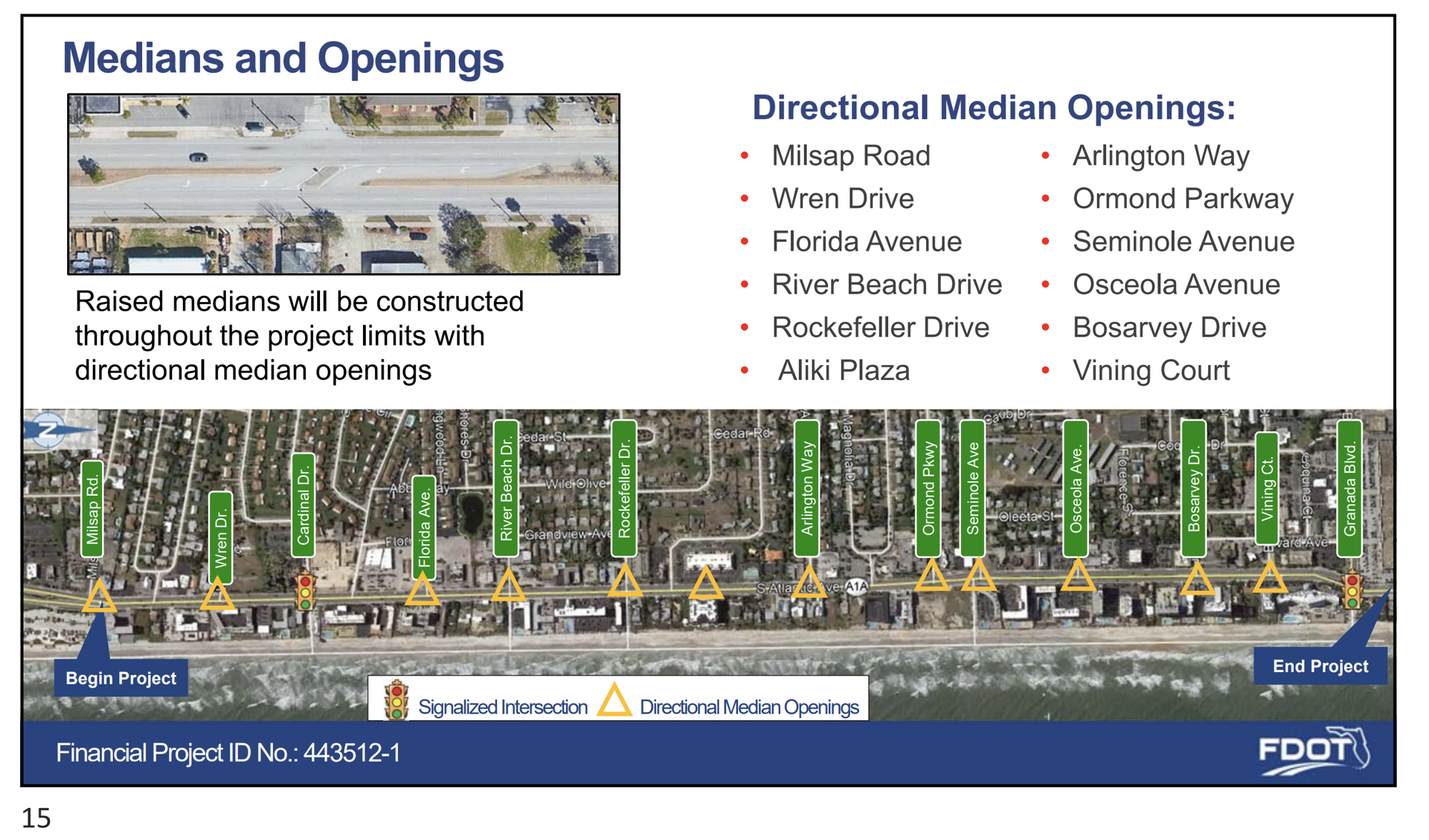 This slide from DOT's public hearing shows the proposed directional openings in the raised medians. Courtesy of DOT
