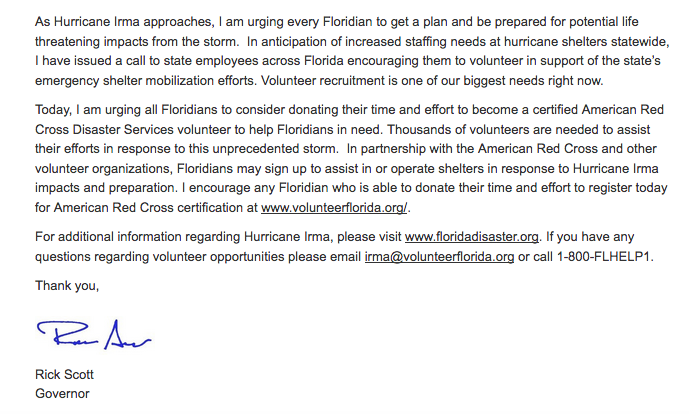 Florida Governor Rick Scott's email regarding volunteering ahead of Hurricane Irma