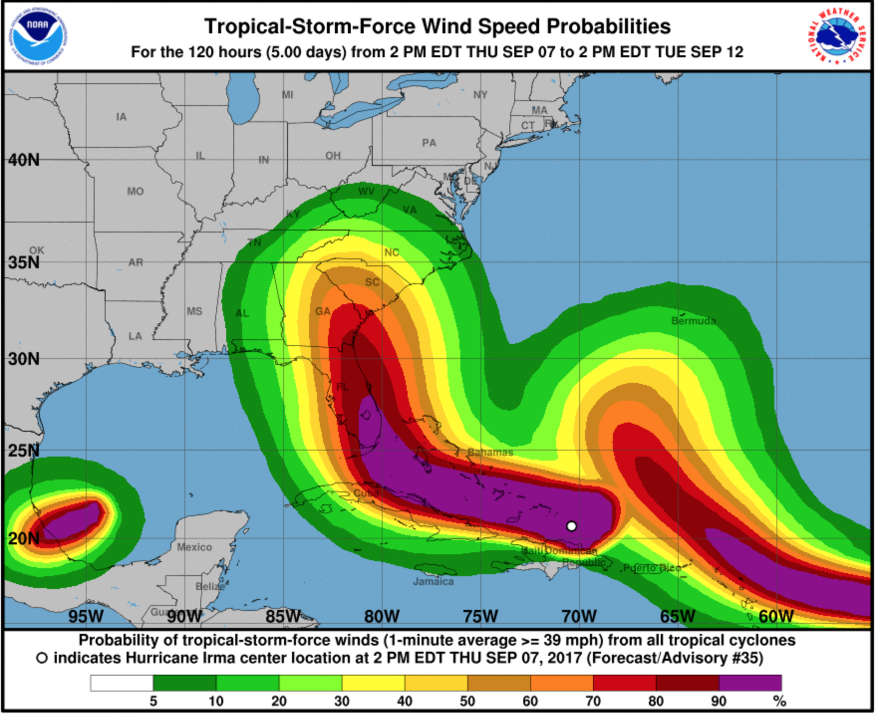 Tropical-storm-force wind speed probabilities from 2 p.m. Thursday, Sept. 7 to 2 p.m. Sept. 12. Photo courtesy of NWS National Hurricane Center