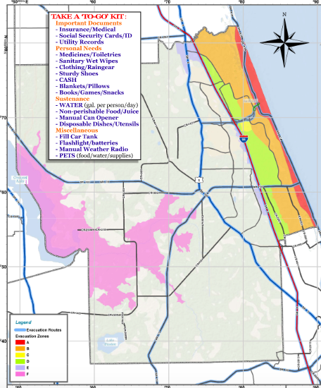 Zones A (red), B (orange), C (yellow), D (green) and F (pink) are under voluntary evacuation. Image courtesy of Flagler County Emergency Management
