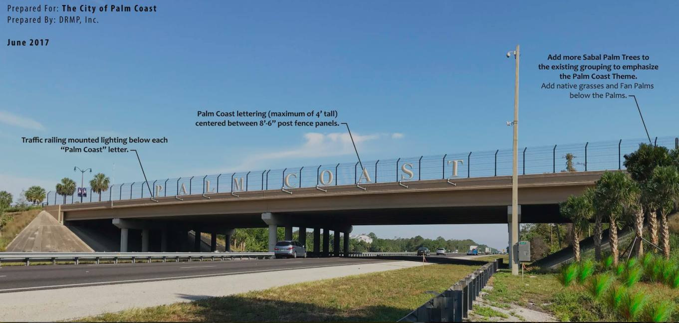 Palm Coast may add a sign on I-95 at the Palm Coast Parkway interchange. The sign's letters would be about four feet high, with lighting underneath each letter. Image from design consultant DRMP.