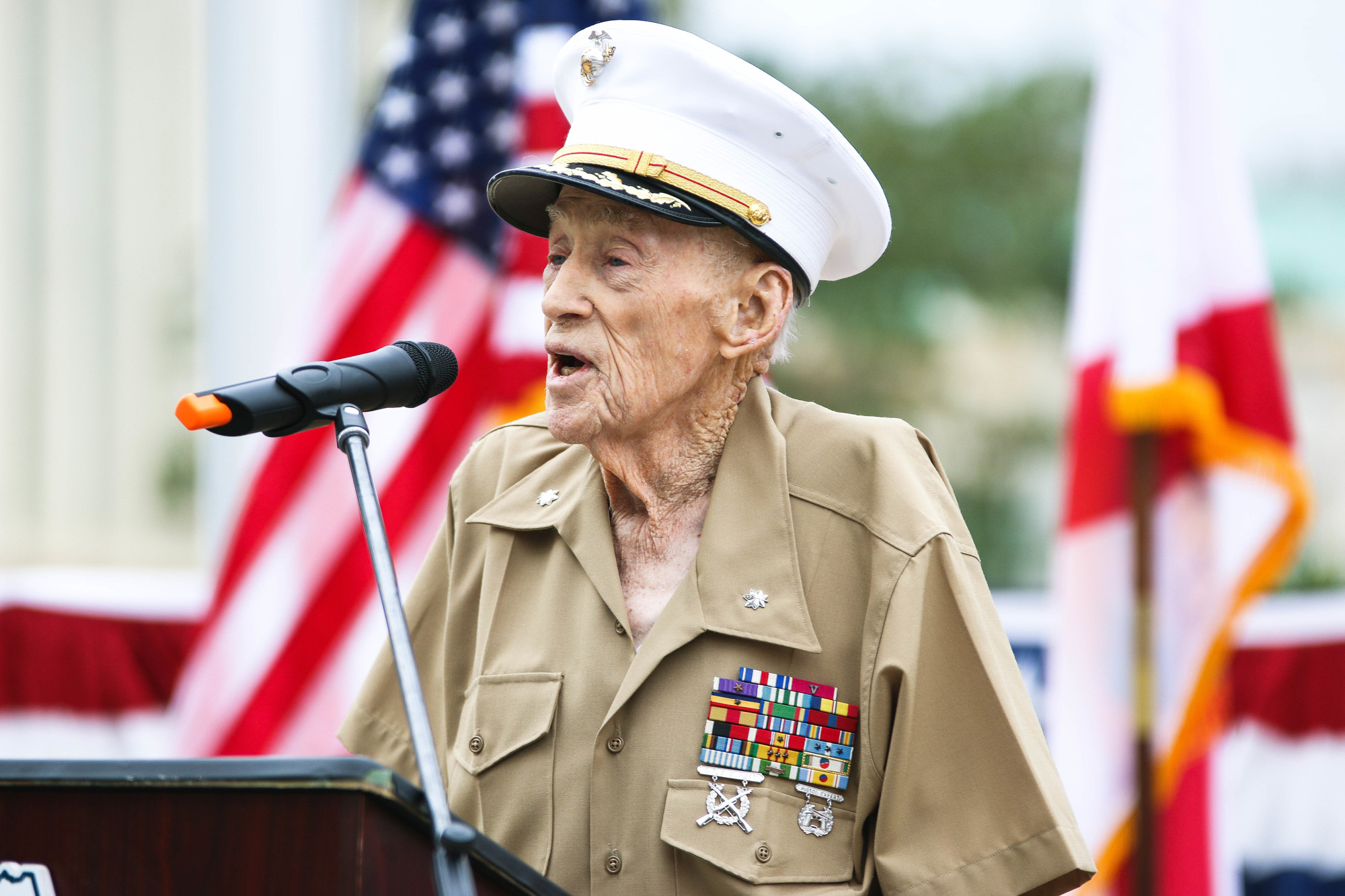 “I have to say, I’m somewhat overwhelmed by the presentation of this, and I accept it very graciously,” said U.S. Marine Corps veteran Bob Bey after receiving a Quilt of Valor.