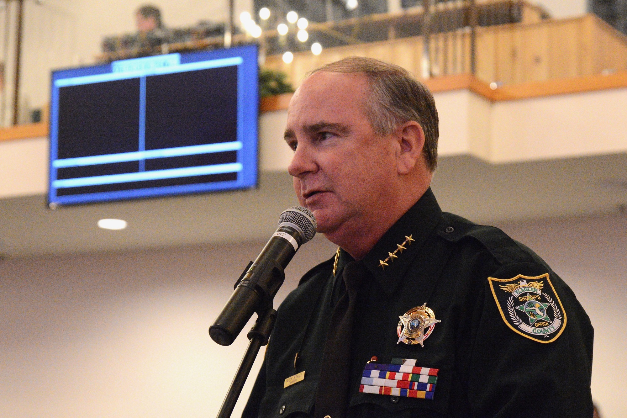 Flagler County Sheriff Rick Staly speaks at a meeting Jan. 18 about FDOT's proposal for a roundabout at U.S. 1 and Old Dixie Highway.(Photo by Jonathan Simmons)