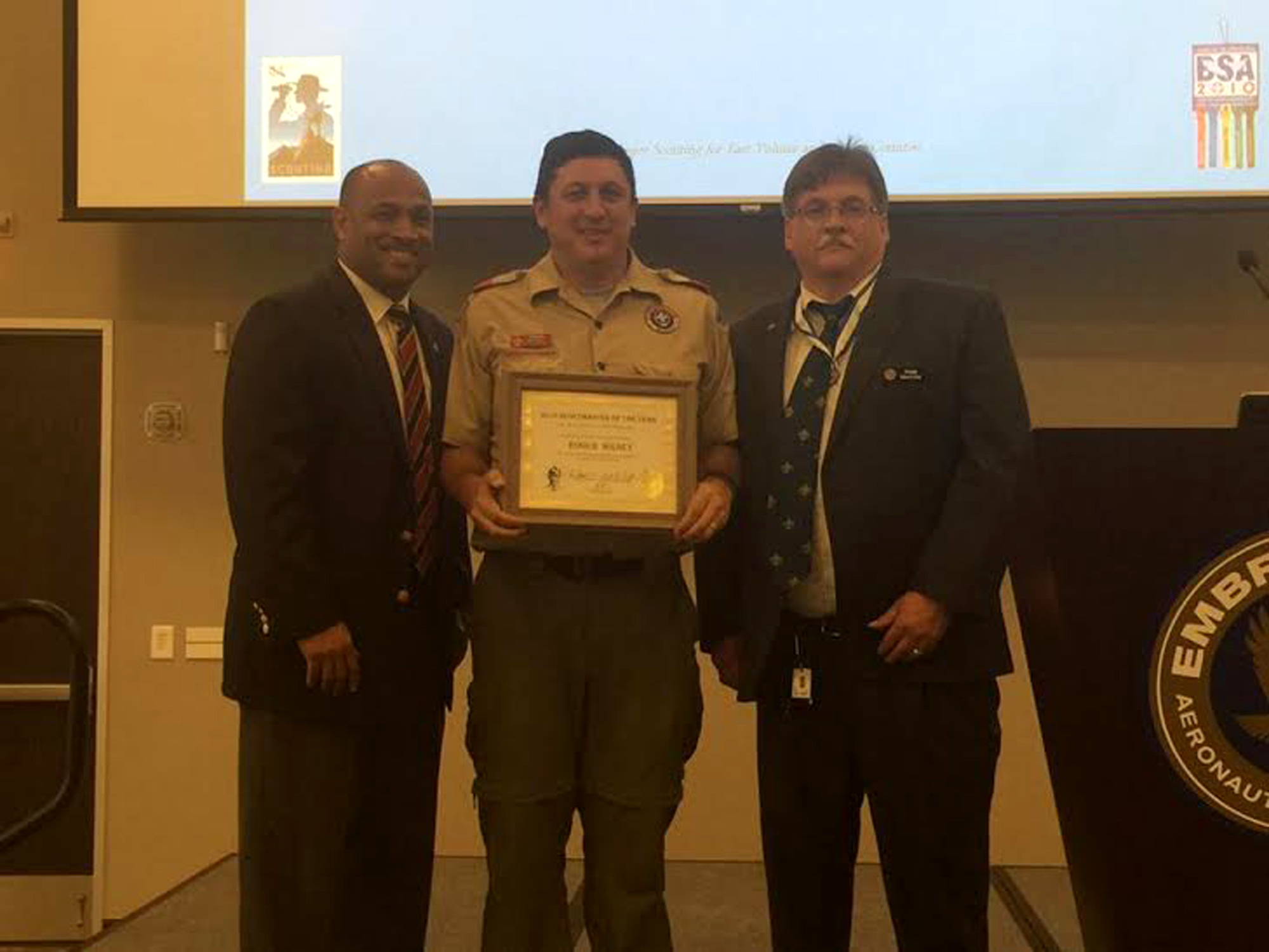 Halvern Johnson, Scout Master Roger Wilsey, and Fred Griffith at the Scout Master of the Year ceremony in May. Courtesy photo