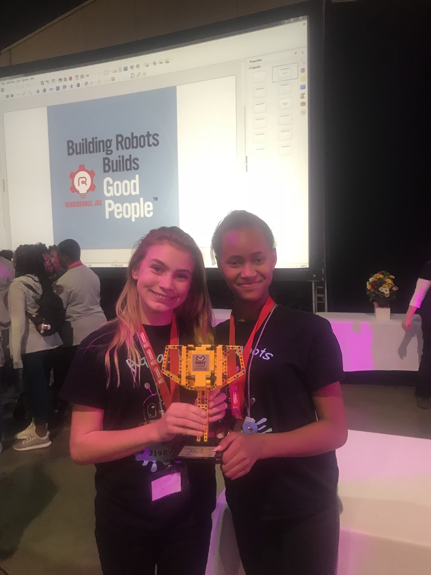 Indian Trails Middle School seventh-graders Kadance Nickmeyer and Alexandria (Lexi) Murray won the “Rising Star” award at the regional robotics competition with their Girl Scout team. Photo courtesy of Tania R. Schmidt-Alpers