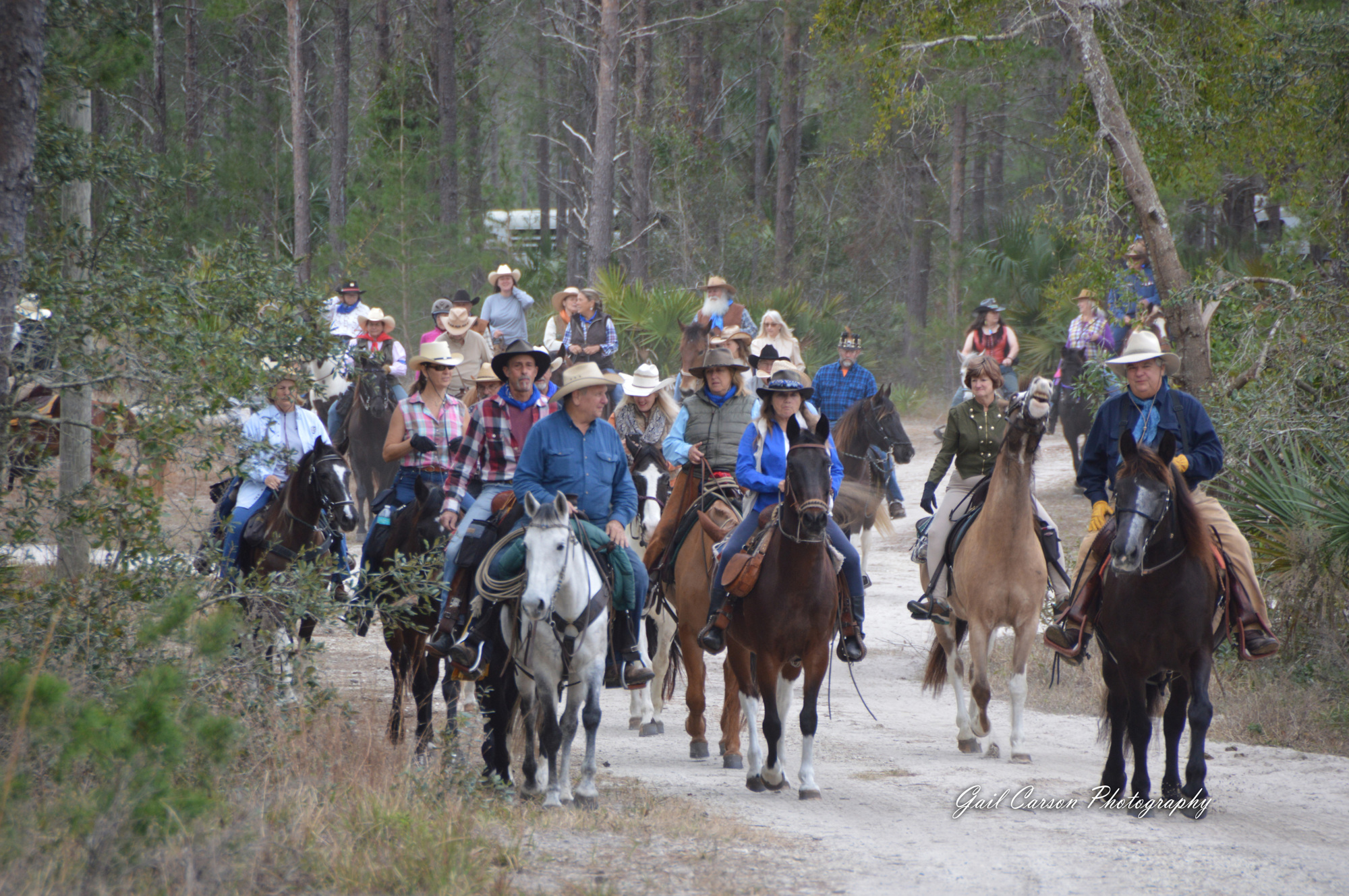 Jack Gillen, Van Baker and Manny Alvarez lead the Great Florida Cattle Drive Reunion Ride ’18, which took place at the Florida Agricultural Museum and Princess Place trails. Courtesy photo by Gail Carson Photography