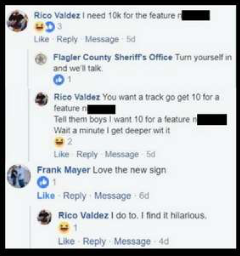 Valdez made multiple comments on the Facebook thread. (Photo courtesy of the FCSO)