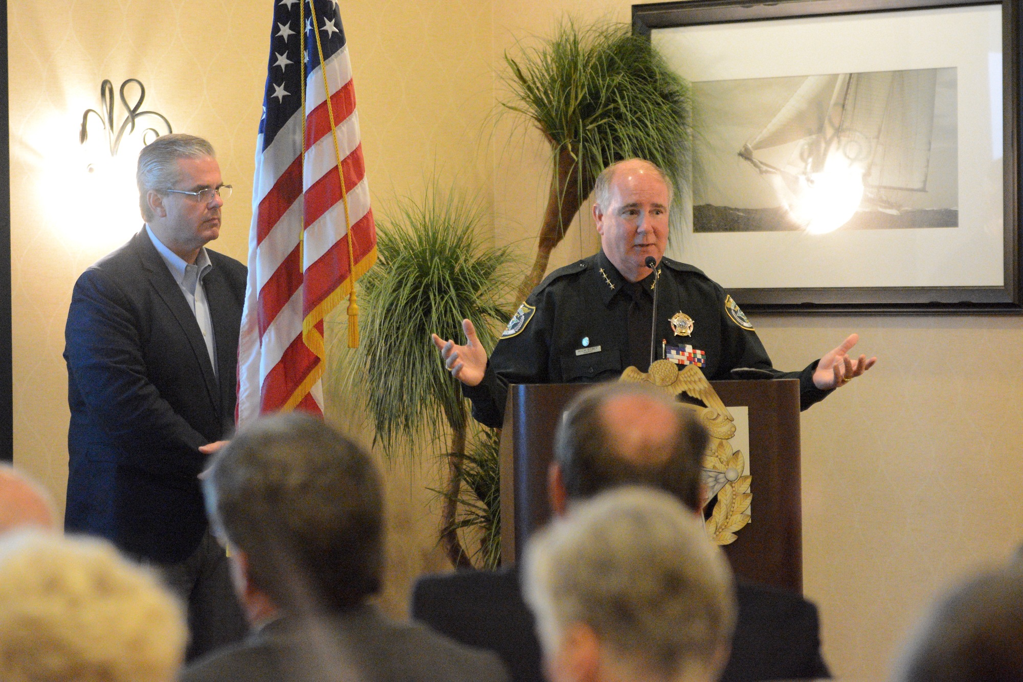 Sheriff Rick Staly addresses an audience of about 80 on April 19. (Photo by Jonathan Simmons)