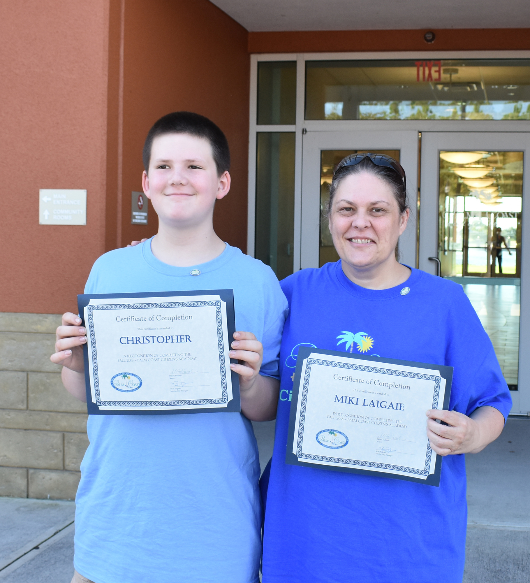 Christopher LaiGaie Jr., 11, and his mother, Miki LaiGaie hold up their Palm Coast Citizen's Academy awards. Photo courtesy of the city of Palm Coast