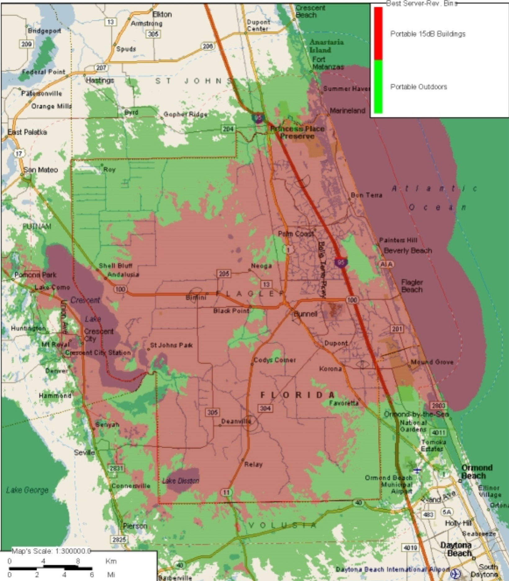 With the new radio system, the areas in red would have indoor as well as outdoor coverage, and the green areas would have outdoor coverage. (Image courtesy of the Flagler County government)