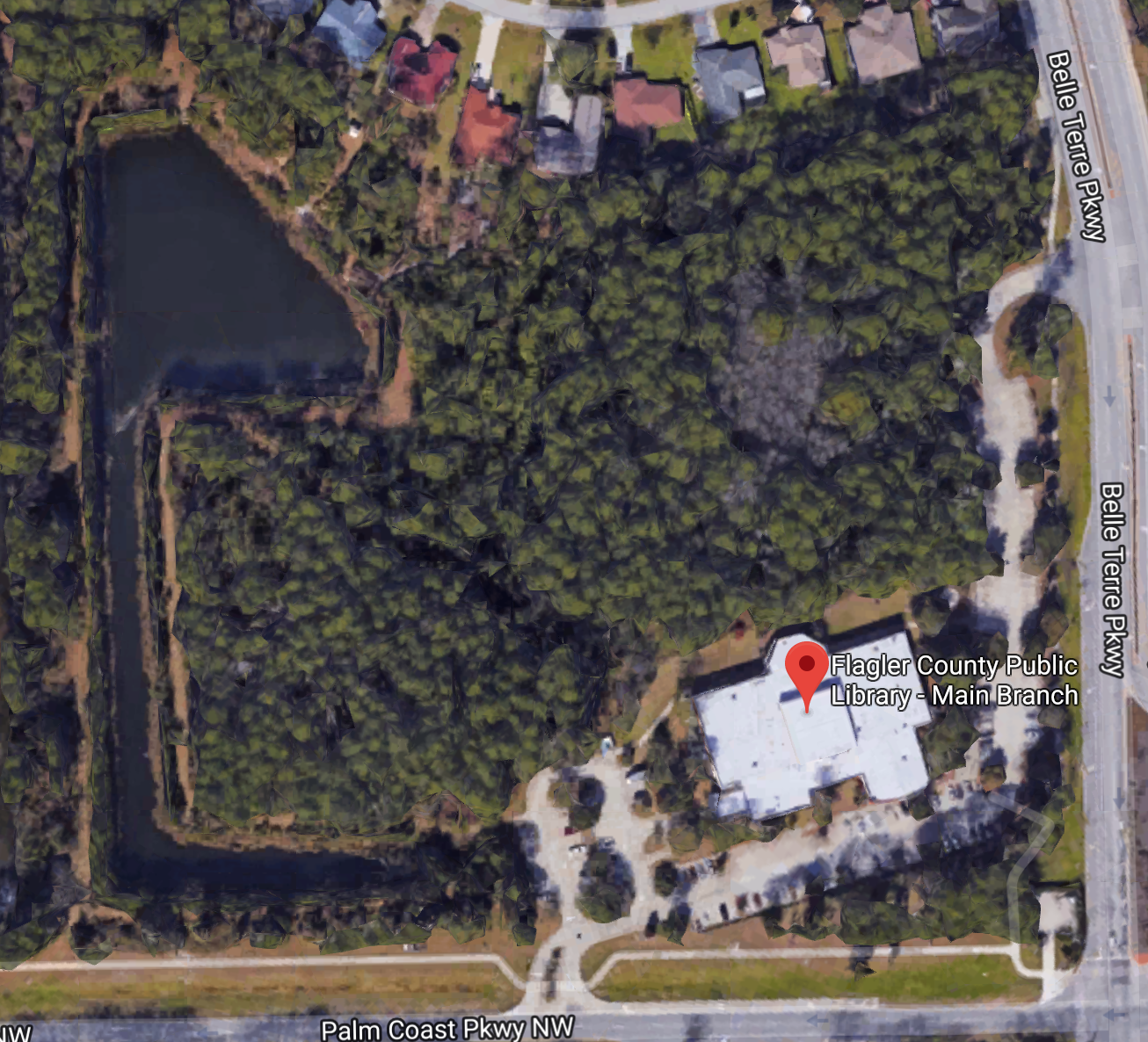 The Flagler County Public Library is a 19-acre property located at 2500 Palm Coast Parkway NW. Image courtesy of Google Maps