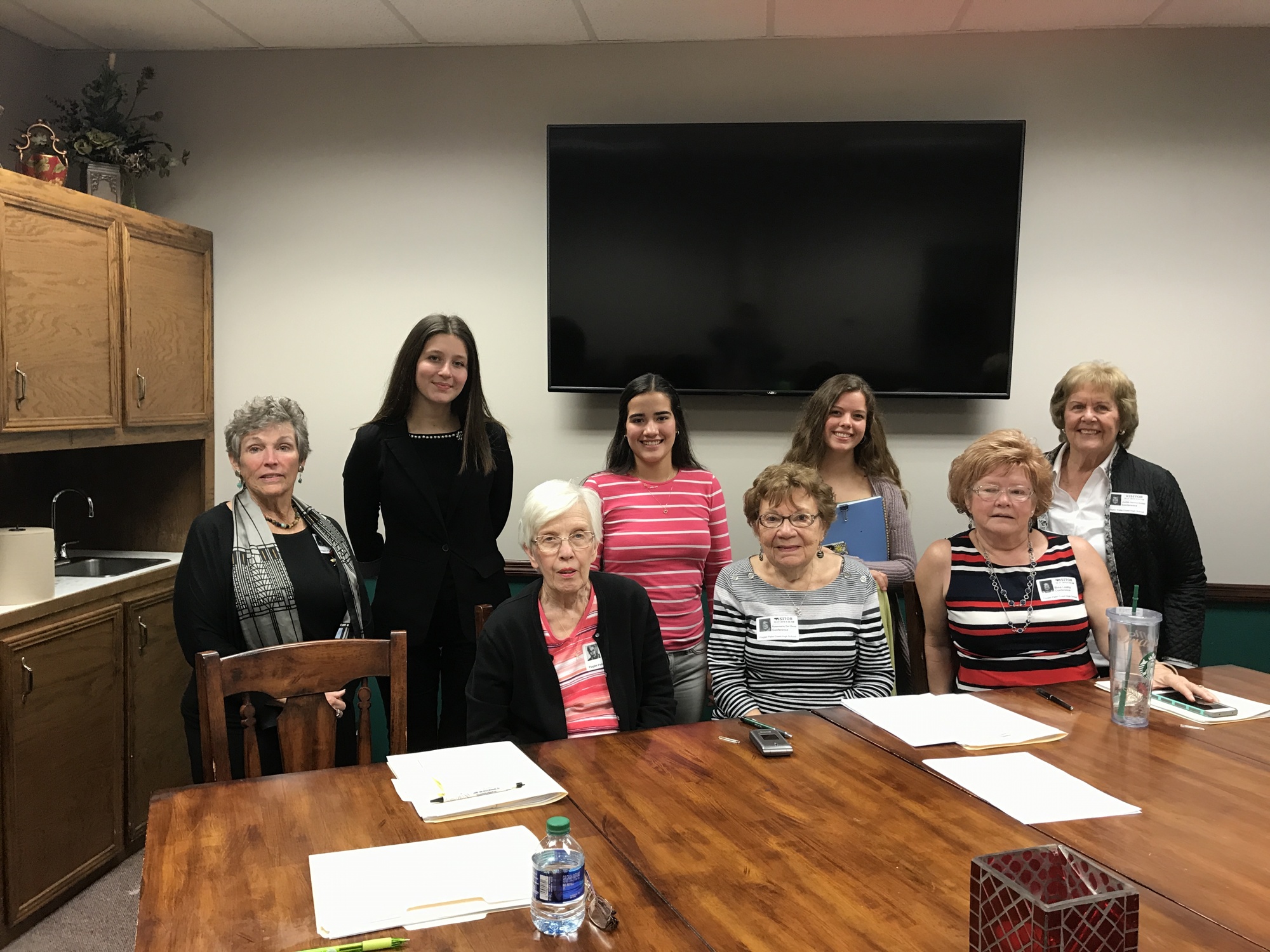 Seated: American Legion members Mary Beck, Rosemarie Delbene and Bina Leahy. Standing: Karen Smith, of the American Legion, students Michelle Berez, Diana Cuervas-Tovar and Alyssa Santore, and Judy Hennenlotter, of American Legion