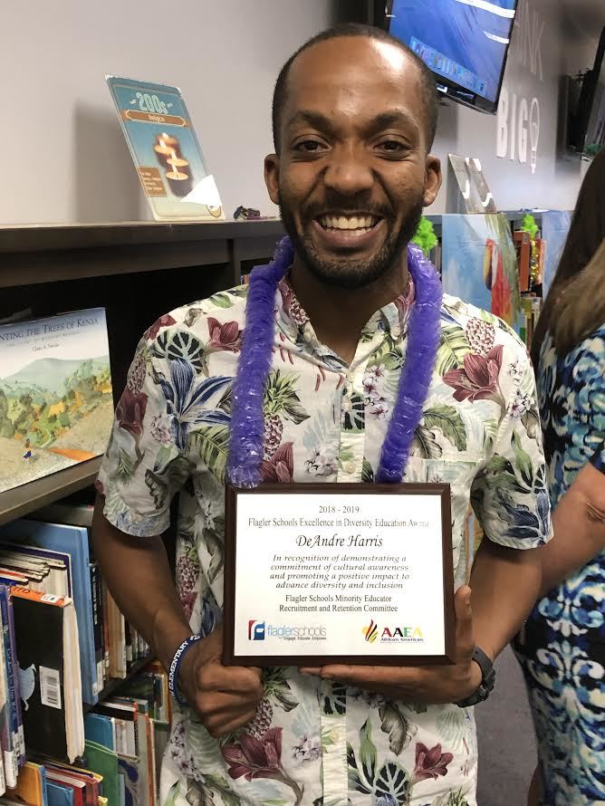 DeAndre Harris, an intervention teacher at Wadsworth Elementary School, was one the first “Flagler Schools Excellence in Diversity Education Award” winners. Photo courtesy of Flagler Schools