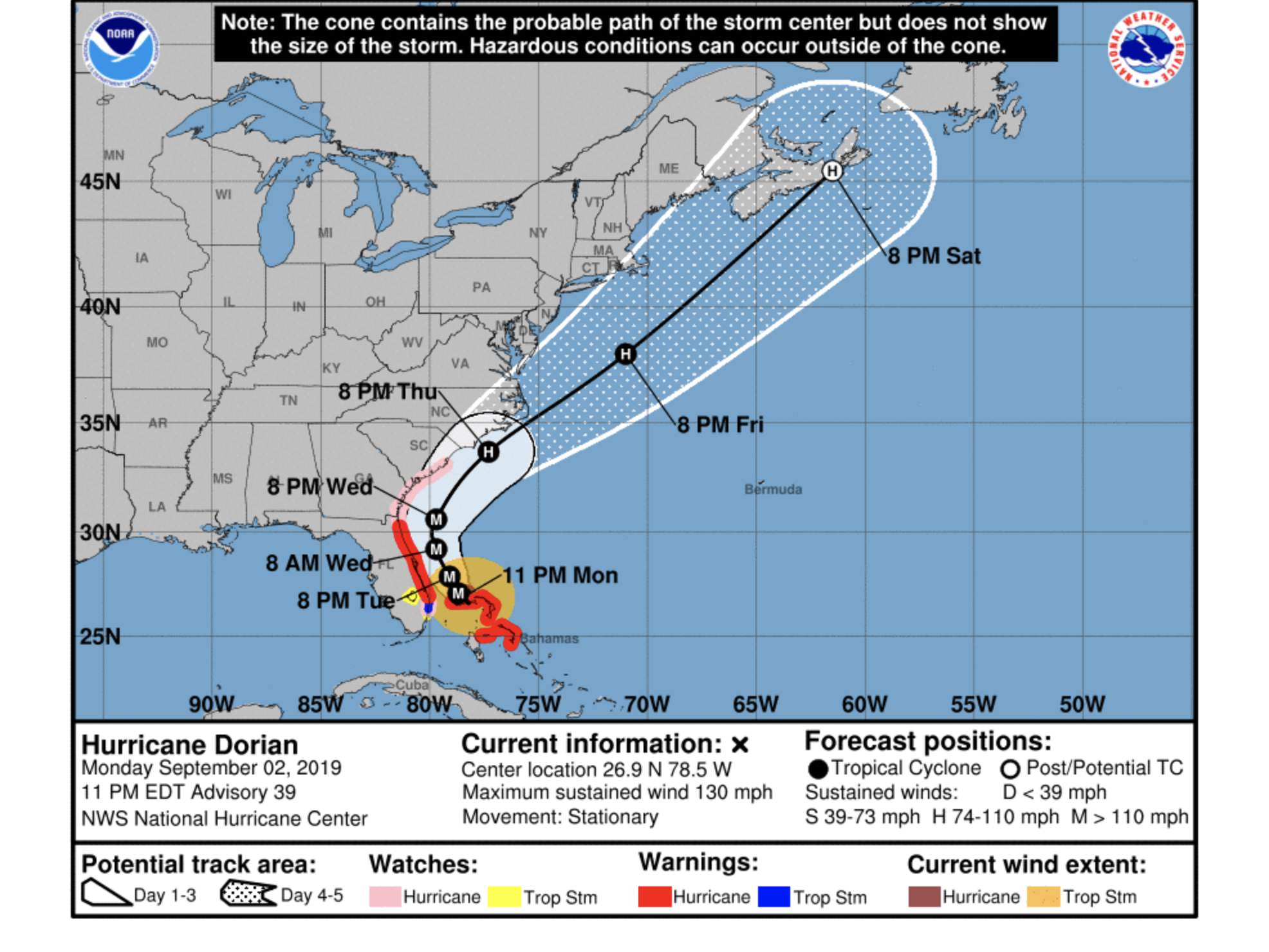 The National Hurricane Center's track for Dorian as of 11 p.m. Monday, Sept. 2. 