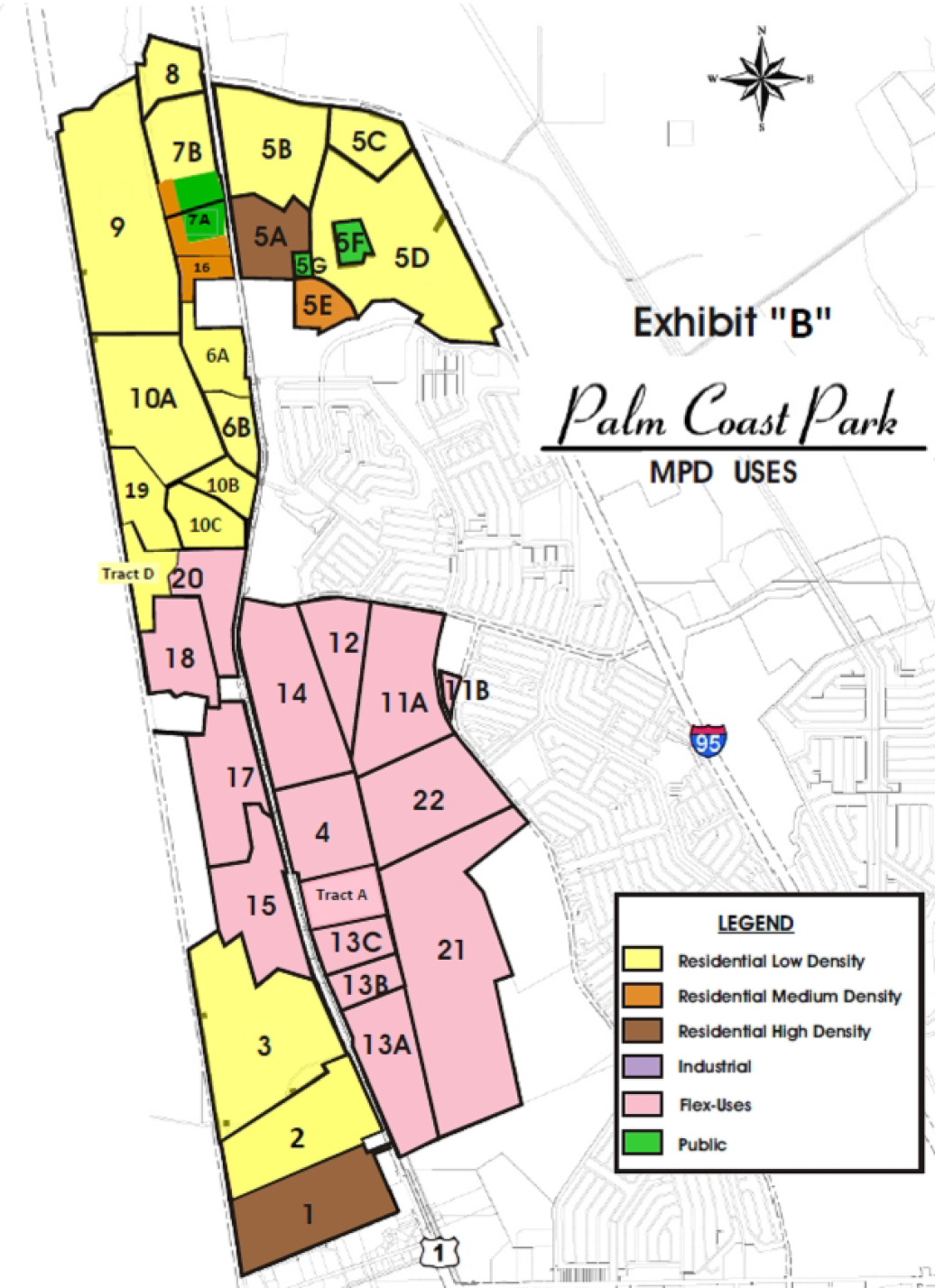 The parcels of the Palm Coast Park DRI. Under the proposed plan, commercial development would be permitted in Tract 17, high-density development in Tracts 15, 17 and 20, and medium density in Tract 22.