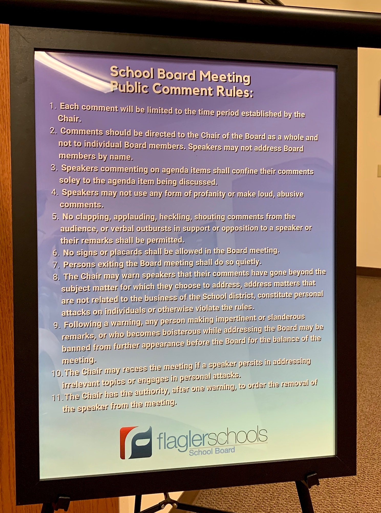 The district placed this sign outside the meeting room in which the School Board held its Feb. 4 workshop.